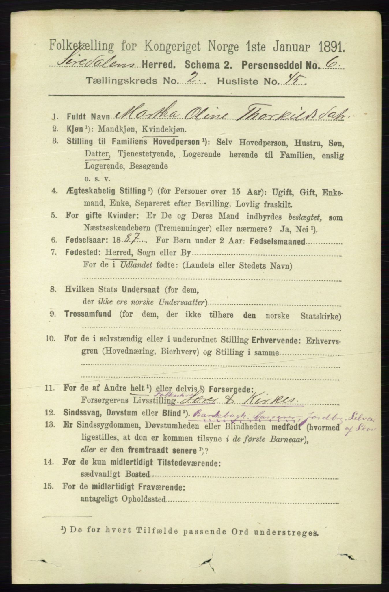 RA, 1891 census for 1046 Sirdal, 1891, p. 617