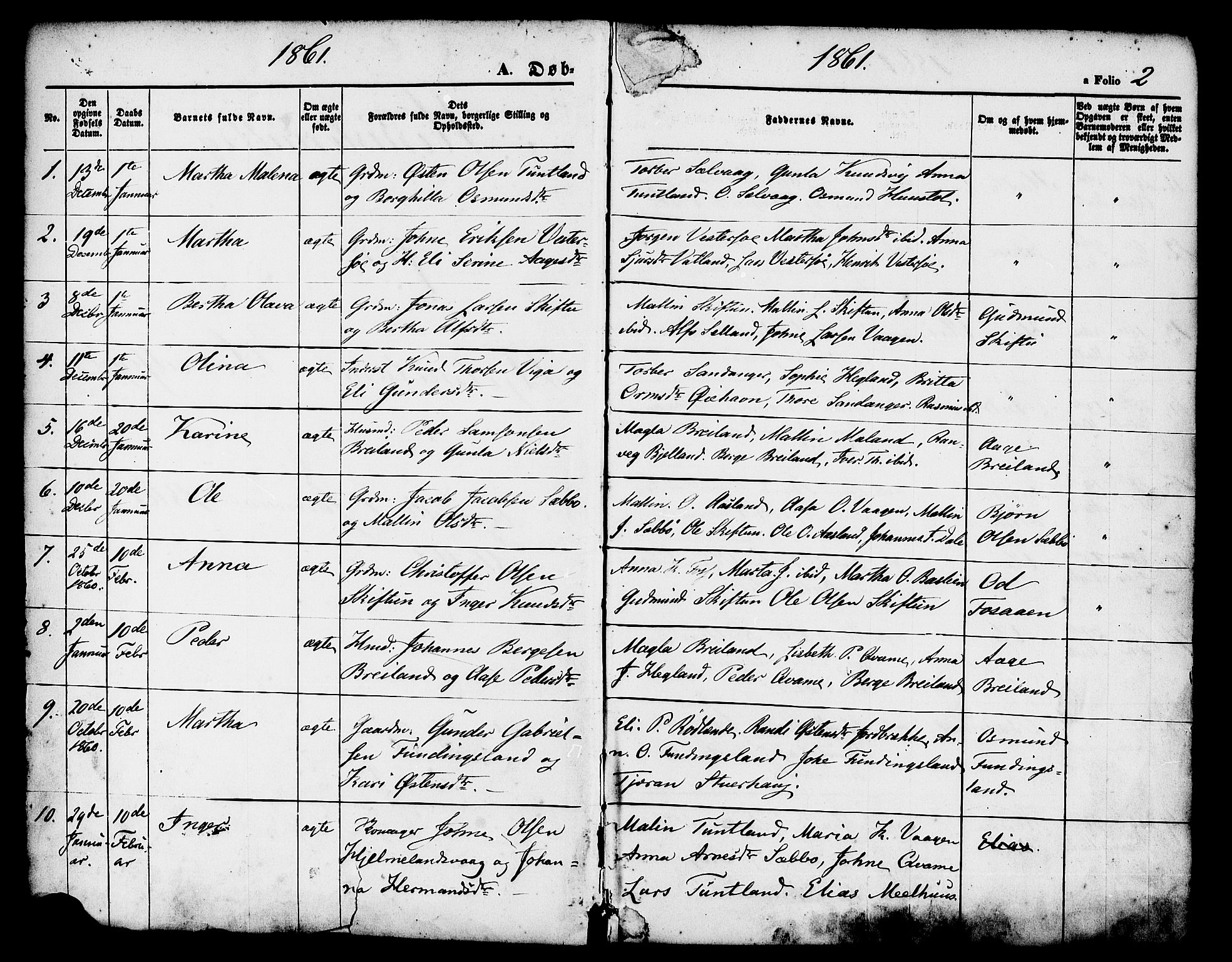 Hjelmeland sokneprestkontor, SAST/A-101843/01/IV/L0011: Parish register (official) no. A 11, 1861-1878, p. 2