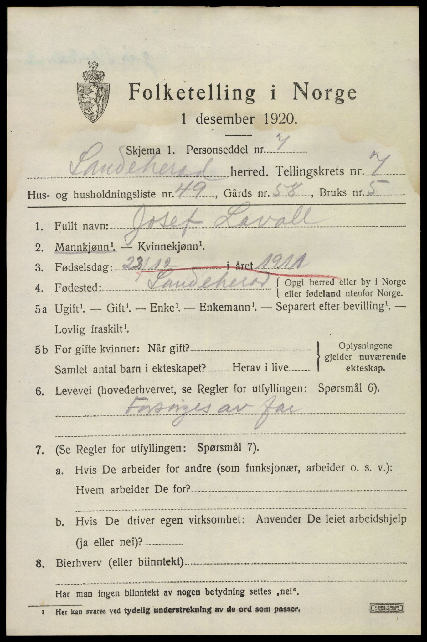 SAKO, 1920 census for Sandeherred, 1920, p. 12500