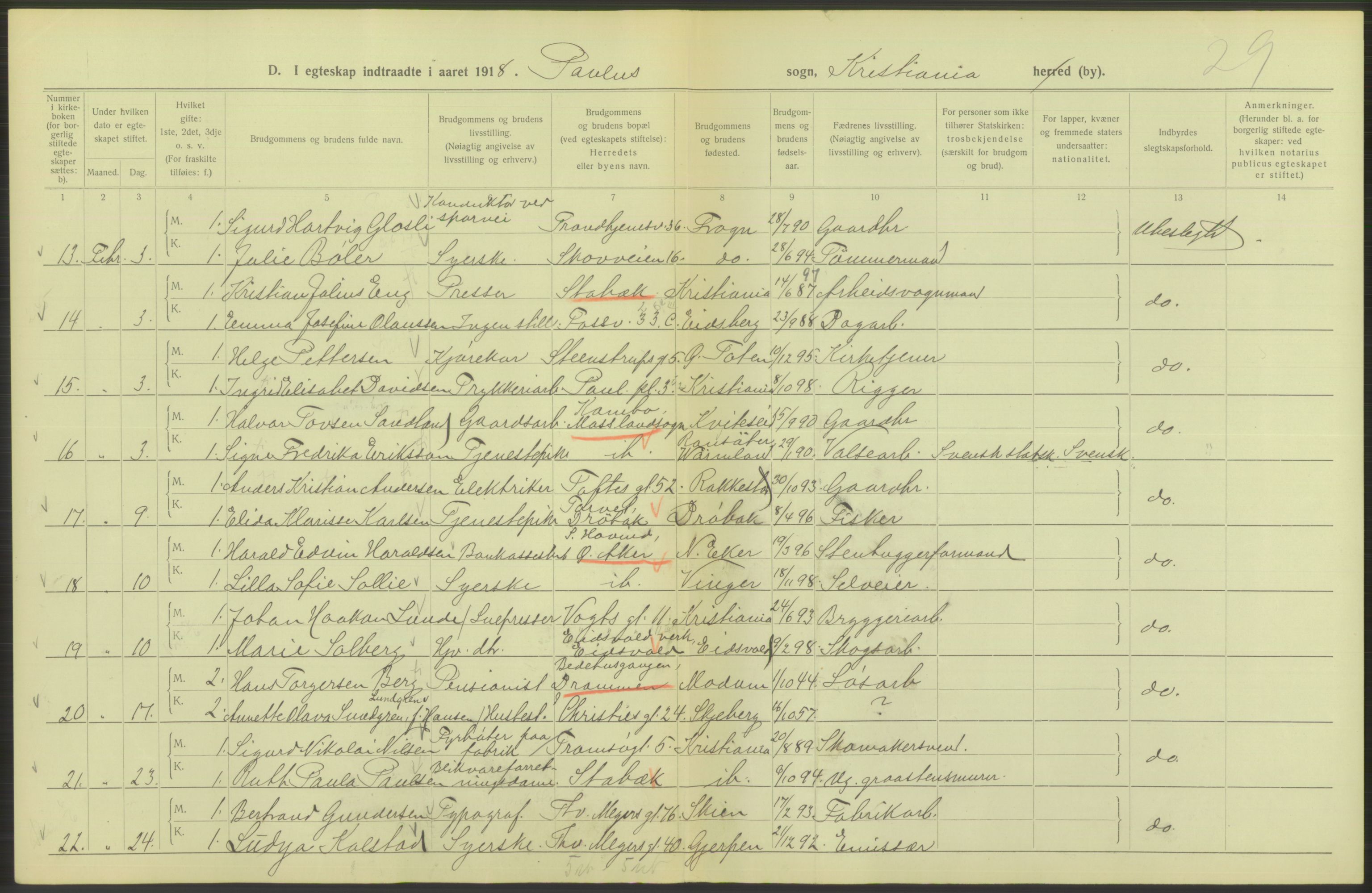 Statistisk sentralbyrå, Sosiodemografiske emner, Befolkning, AV/RA-S-2228/D/Df/Dfb/Dfbh/L0009: Kristiania: Gifte, 1918, p. 694