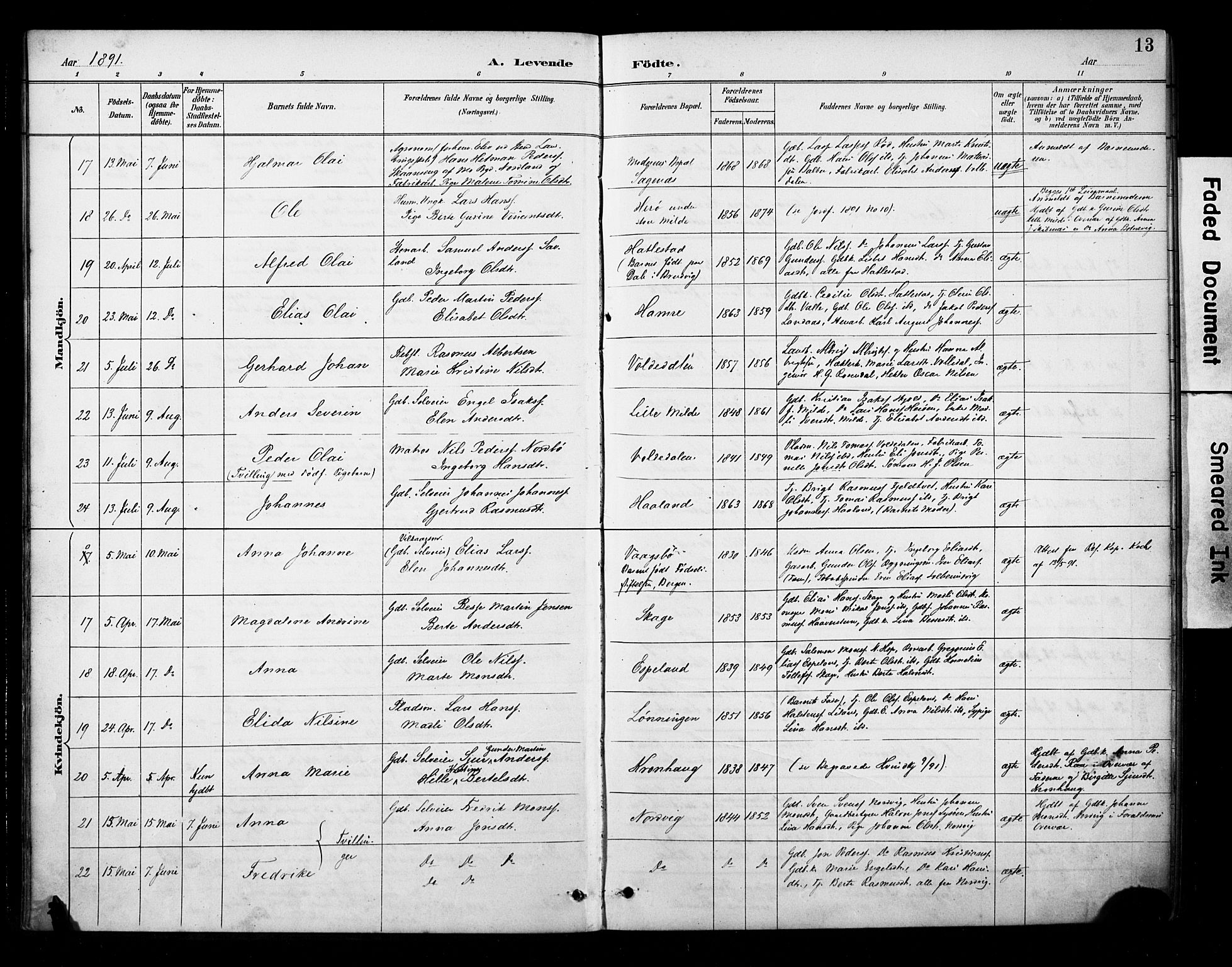 Fana Sokneprestembete, AV/SAB-A-75101/H/Haa/Haab/L0002: Parish register (official) no. B 2, 1890-1897, p. 13