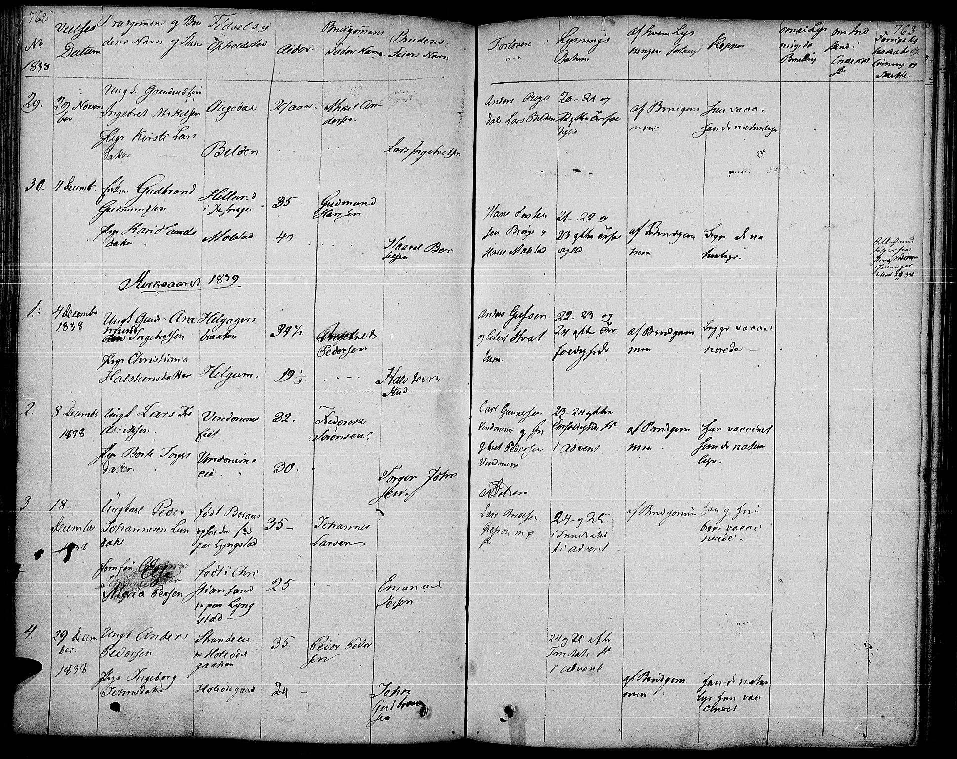 Gran prestekontor, SAH/PREST-112/H/Ha/Haa/L0010: Parish register (official) no. 10, 1824-1842, p. 762-763