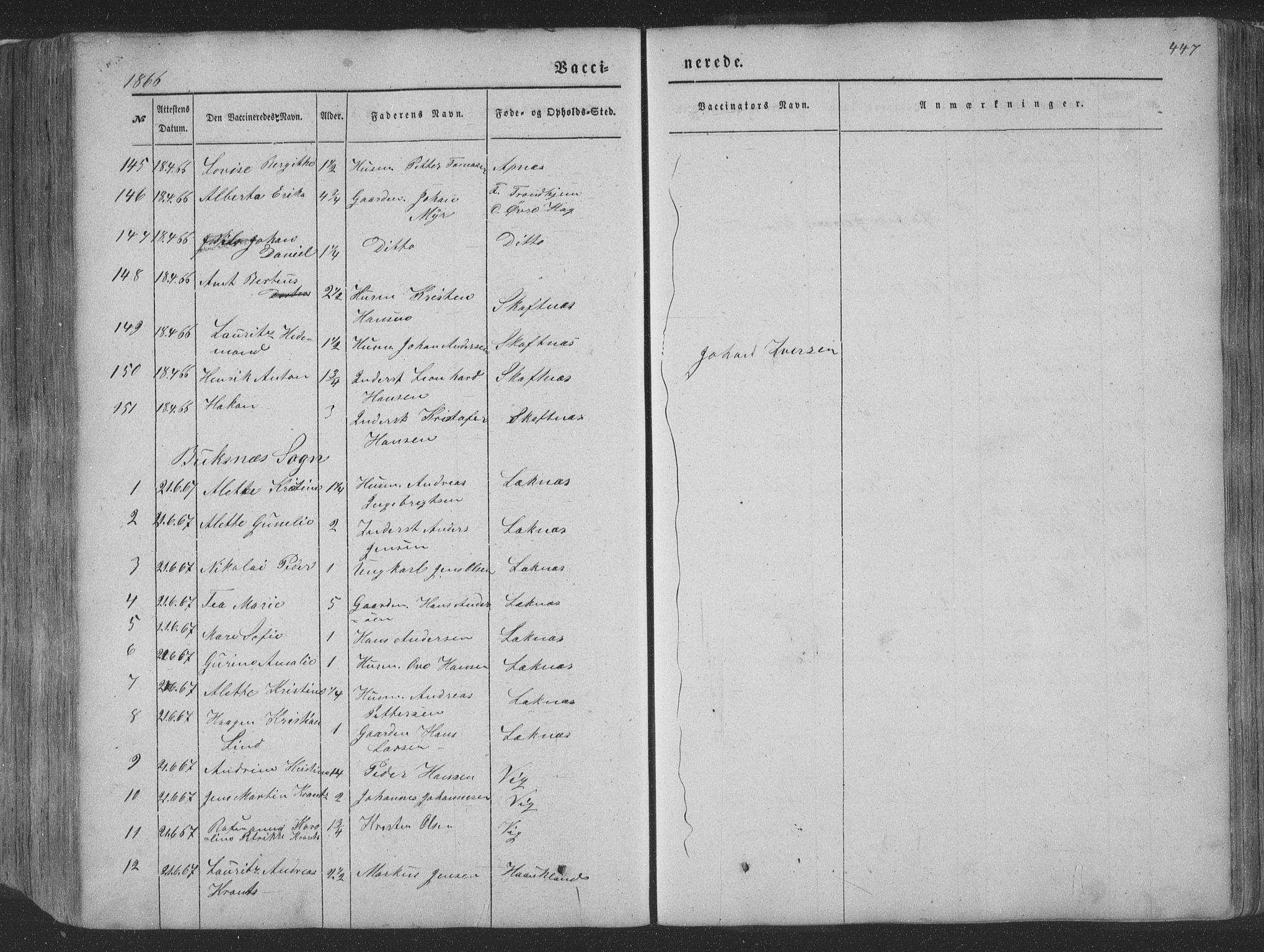 Ministerialprotokoller, klokkerbøker og fødselsregistre - Nordland, AV/SAT-A-1459/881/L1165: Parish register (copy) no. 881C02, 1854-1876, p. 447