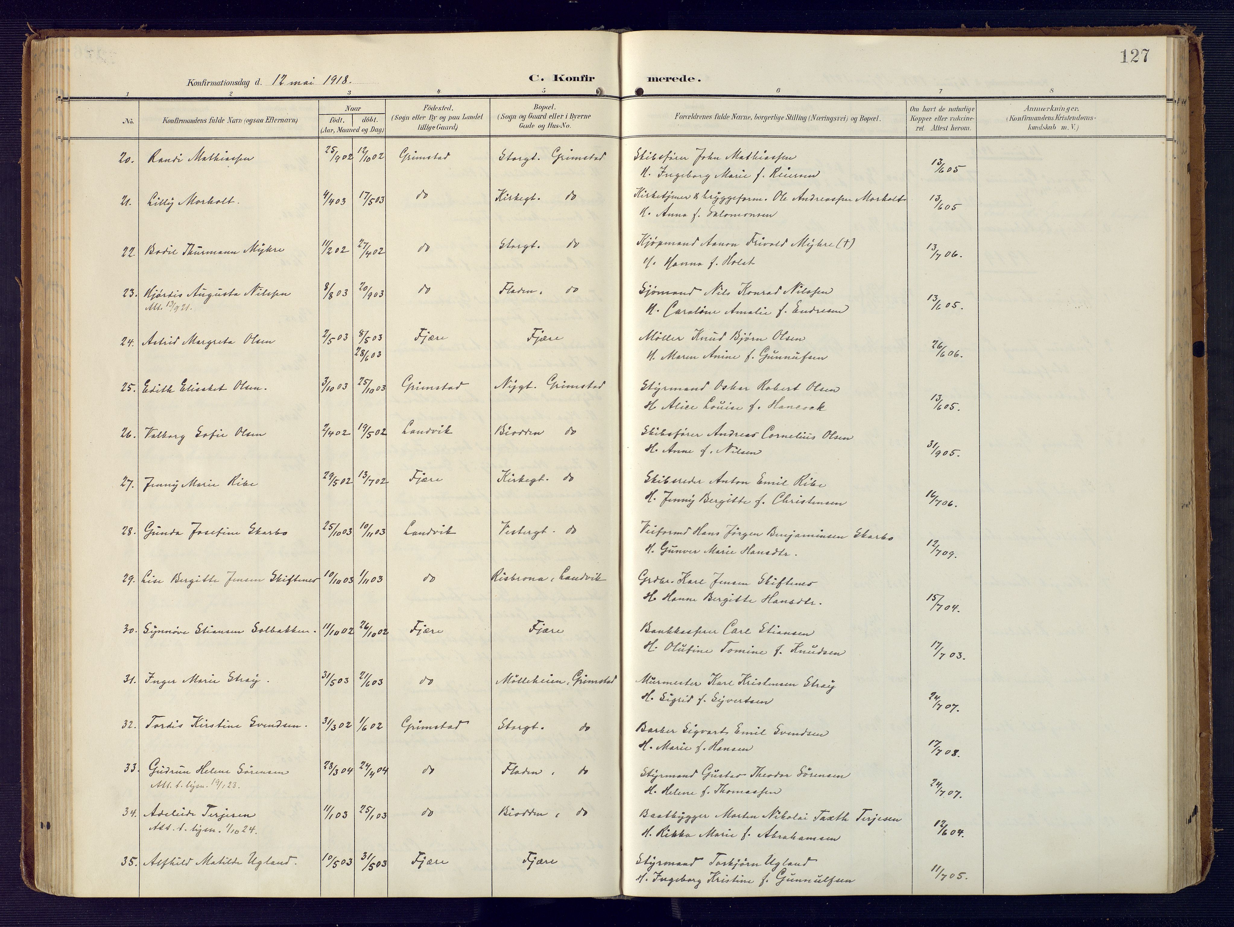 Grimstad sokneprestkontor, SAK/1111-0017/F/Fa/L0005: Parish register (official) no. A 4, 1911-1924, p. 127
