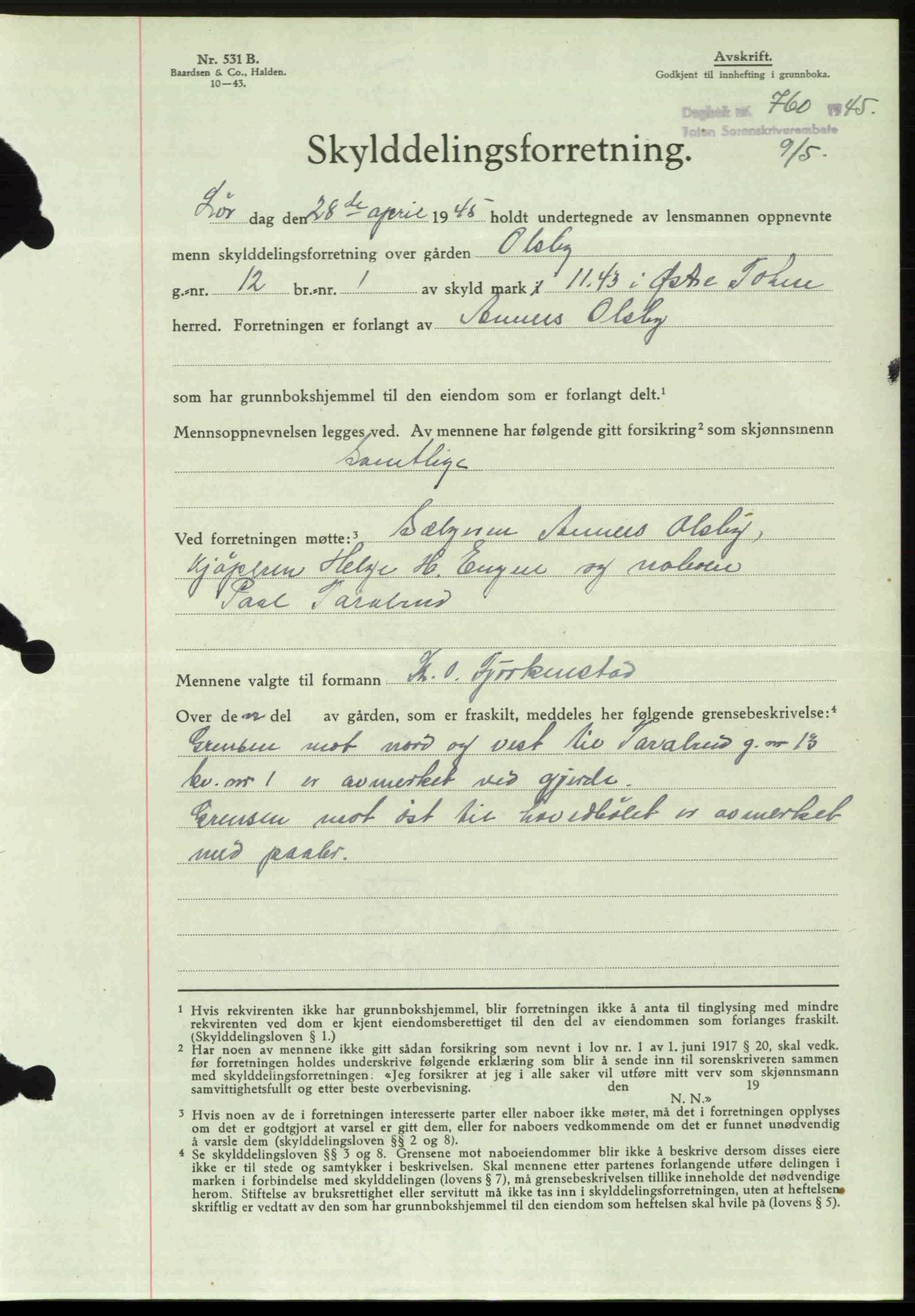 Toten tingrett, SAH/TING-006/H/Hb/Hbc/L0013: Mortgage book no. Hbc-13, 1945-1945, Diary no: : 760/1945