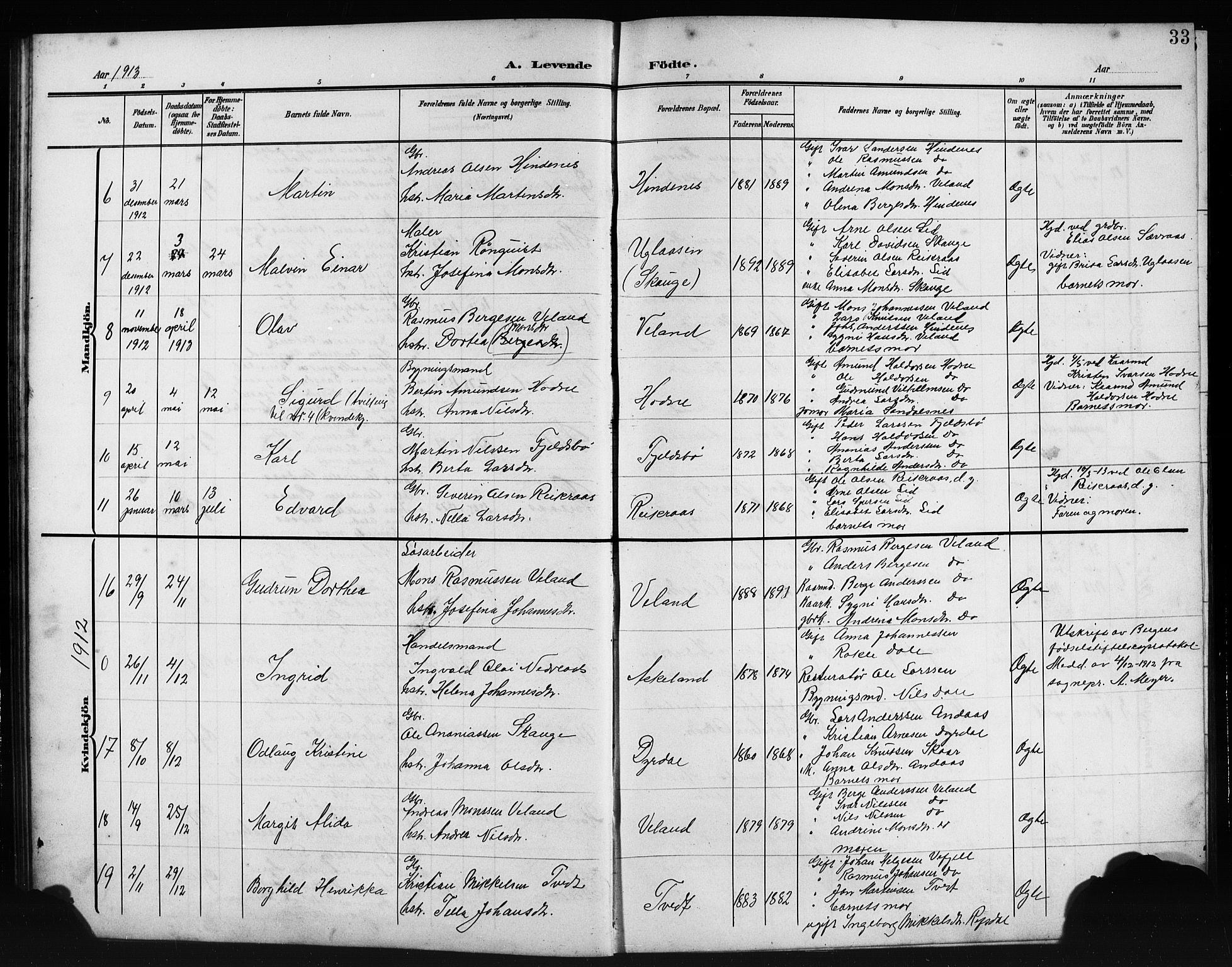 Lindås Sokneprestembete, SAB/A-76701/H/Hab: Parish register (copy) no. E 4, 1906-1921, p. 33