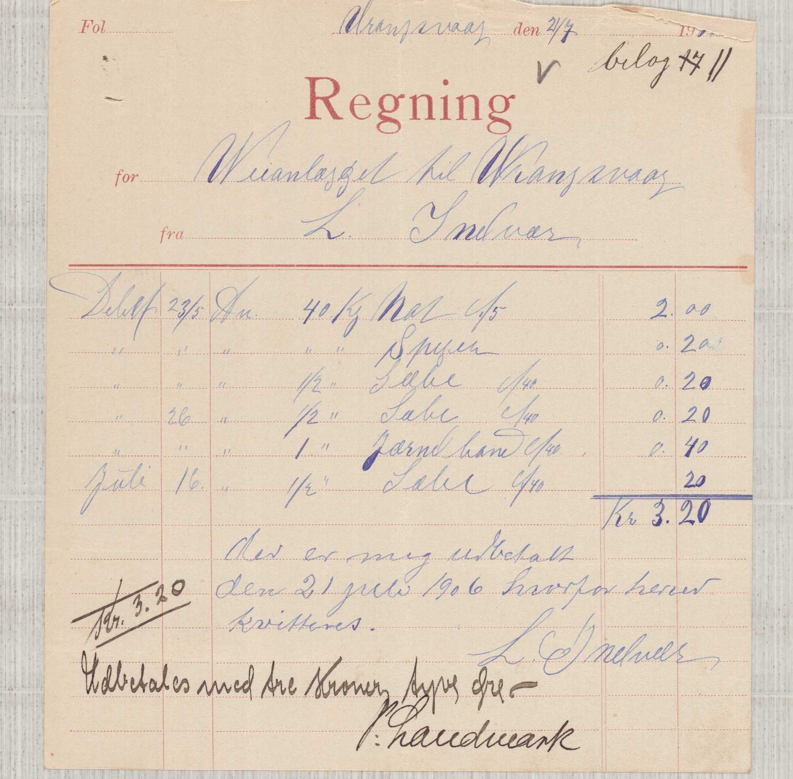 Finnaas kommune. Formannskapet, IKAH/1218a-021/E/Ea/L0002/0004: Rekneskap for veganlegg / Rekneskap for veganlegget Urangsvåg - Mælandsvåg, 1906, p. 27