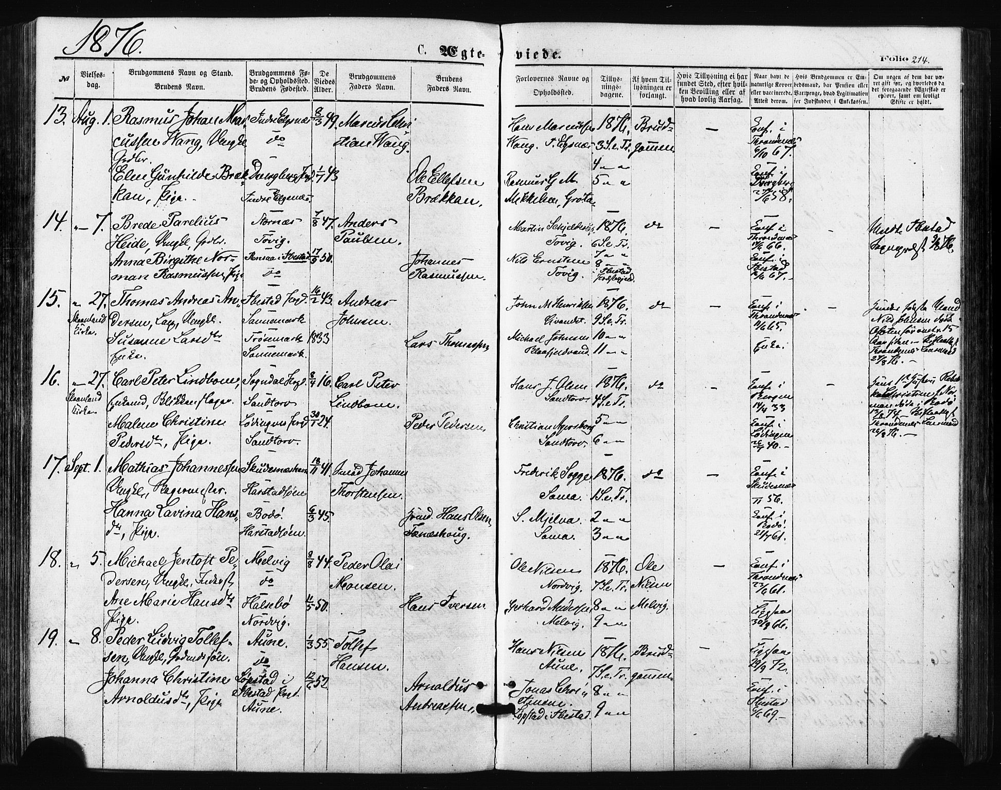 Trondenes sokneprestkontor, AV/SATØ-S-1319/H/Ha/L0013kirke: Parish register (official) no. 13, 1870-1878, p. 214