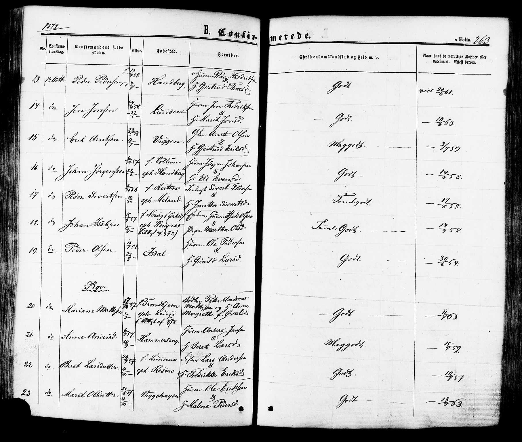 Ministerialprotokoller, klokkerbøker og fødselsregistre - Sør-Trøndelag, AV/SAT-A-1456/665/L0772: Parish register (official) no. 665A07, 1856-1878, p. 263