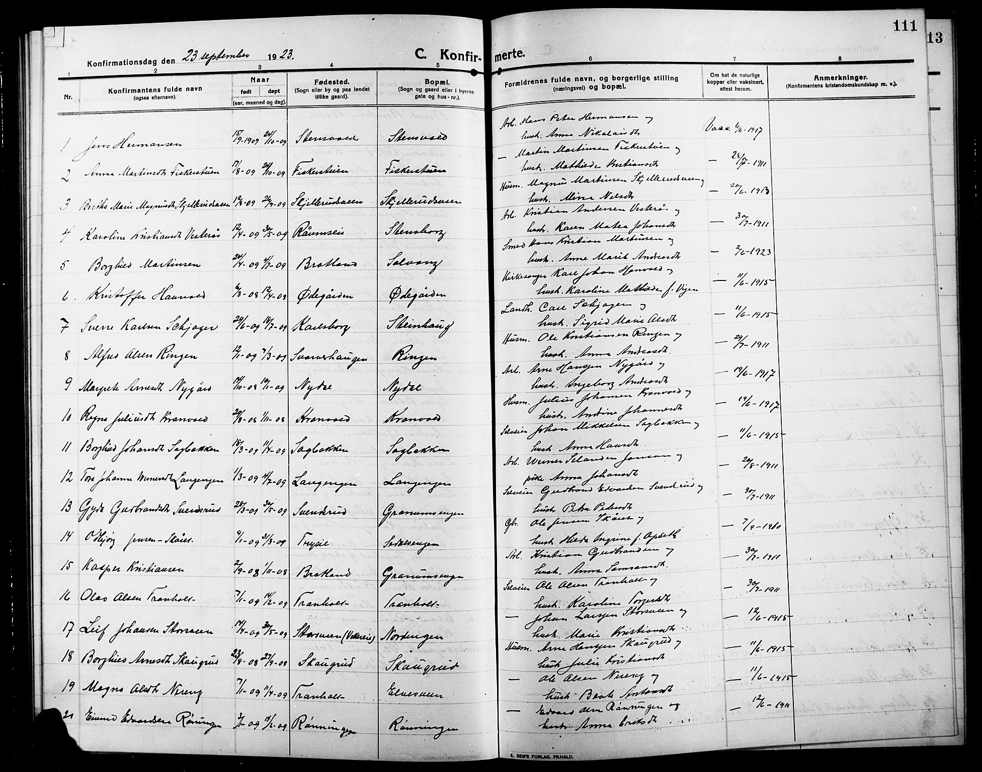 Søndre Land prestekontor, SAH/PREST-122/L/L0006: Parish register (copy) no. 6, 1912-1925, p. 111