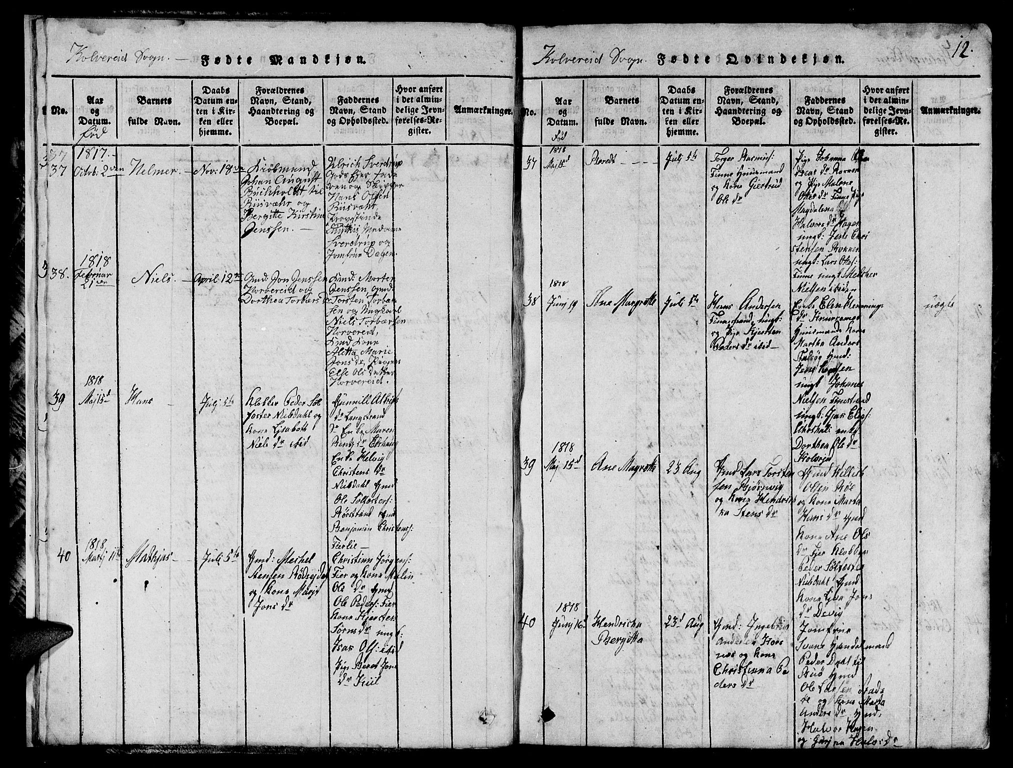 Ministerialprotokoller, klokkerbøker og fødselsregistre - Nord-Trøndelag, AV/SAT-A-1458/780/L0648: Parish register (copy) no. 780C01 /1, 1815-1870, p. 12