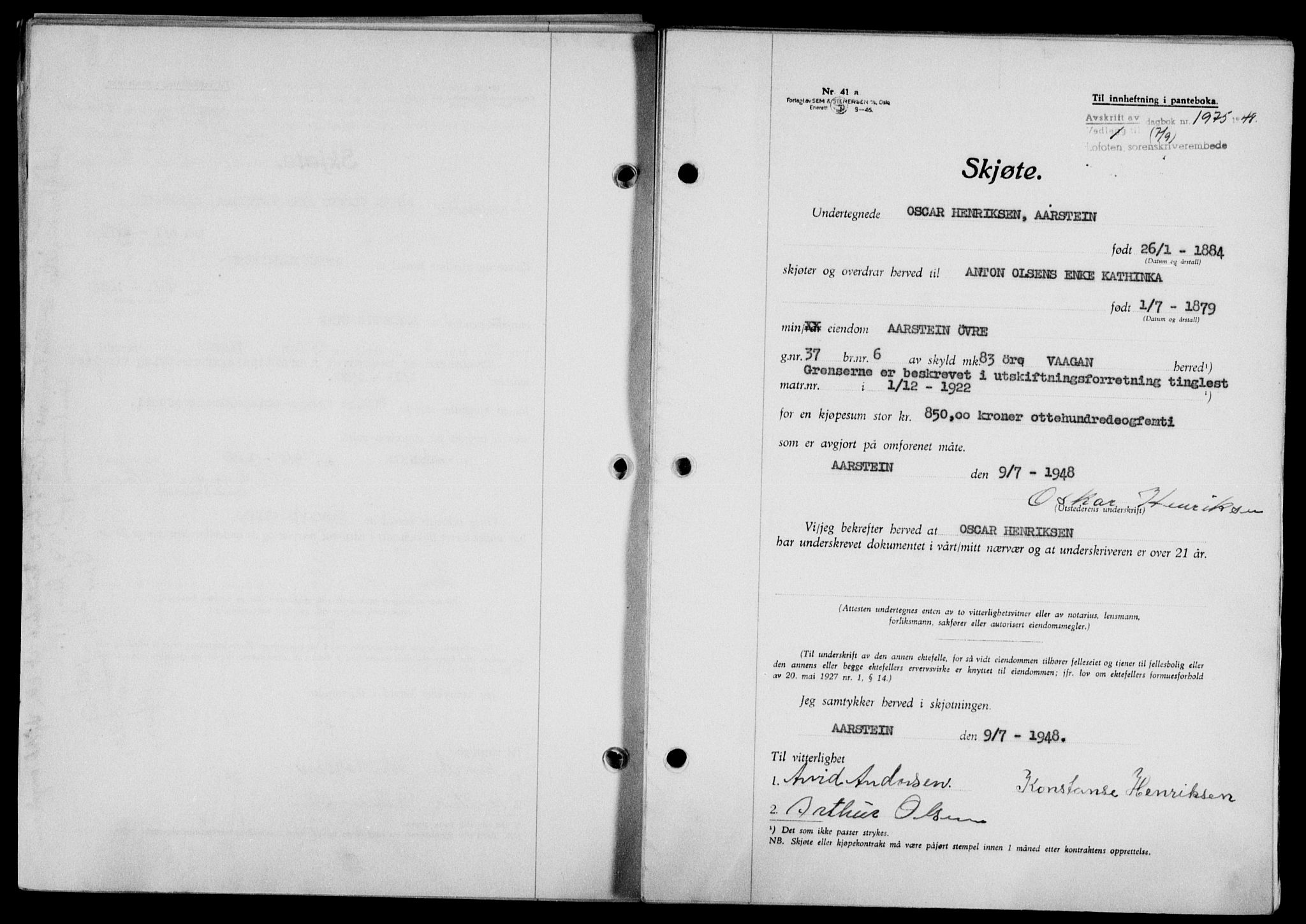 Lofoten sorenskriveri, SAT/A-0017/1/2/2C/L0019a: Mortgage book no. 19a, 1948-1948, Diary no: : 1975/1948