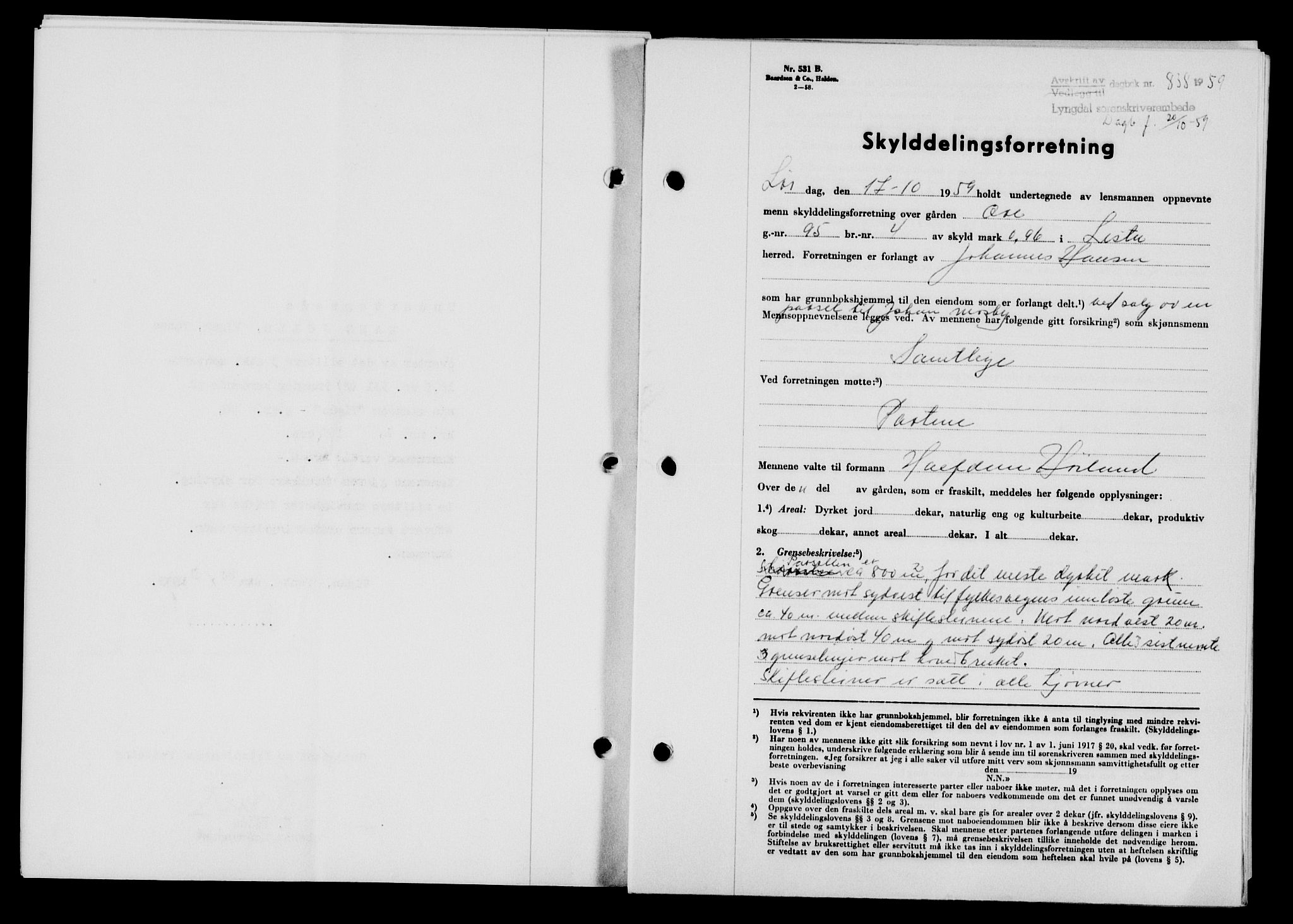 Lyngdal sorenskriveri, AV/SAK-1221-0004/G/Gb/L0679: Mortgage book no. A XXV, 1959-1960, Diary no: : 838/1959