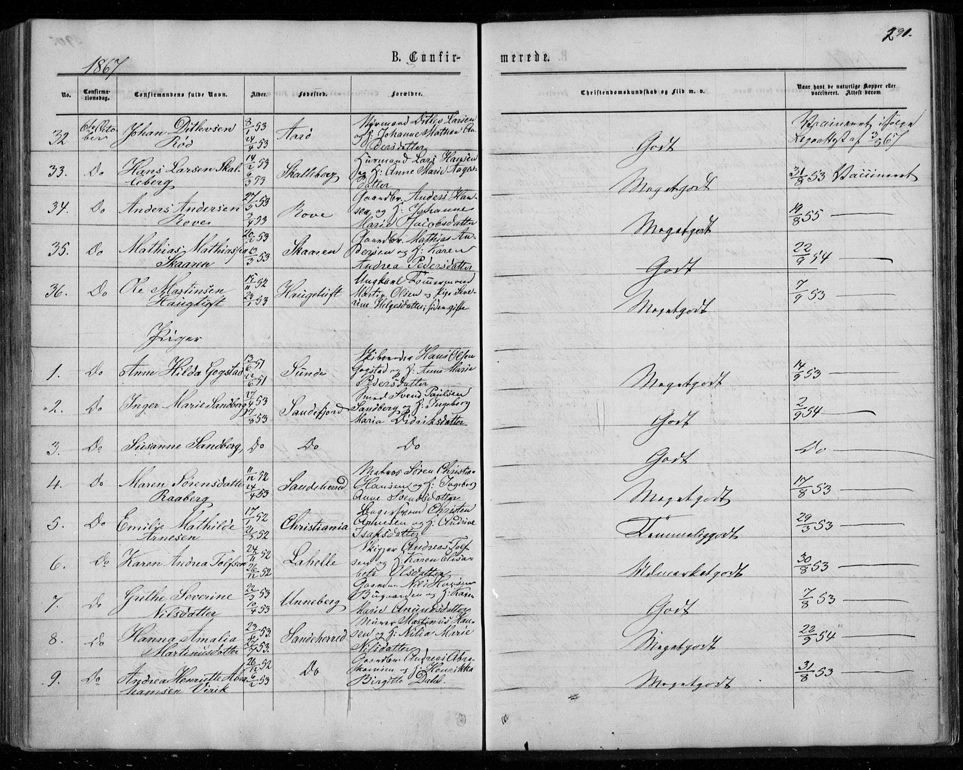 Sandar kirkebøker, AV/SAKO-A-243/F/Fa/L0008: Parish register (official) no. 8, 1862-1871, p. 291