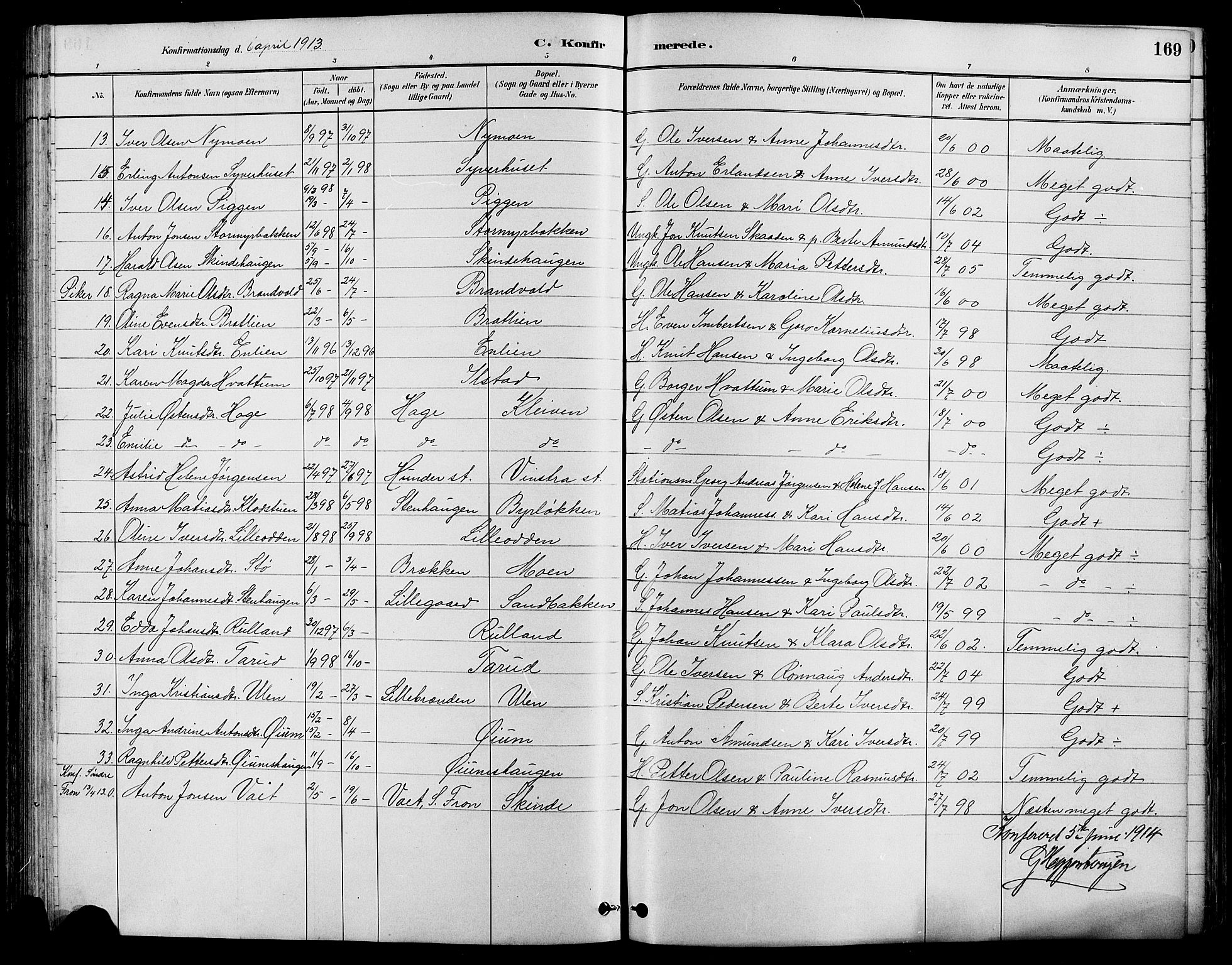 Nord-Fron prestekontor, SAH/PREST-080/H/Ha/Hab/L0004: Parish register (copy) no. 4, 1884-1914, p. 169