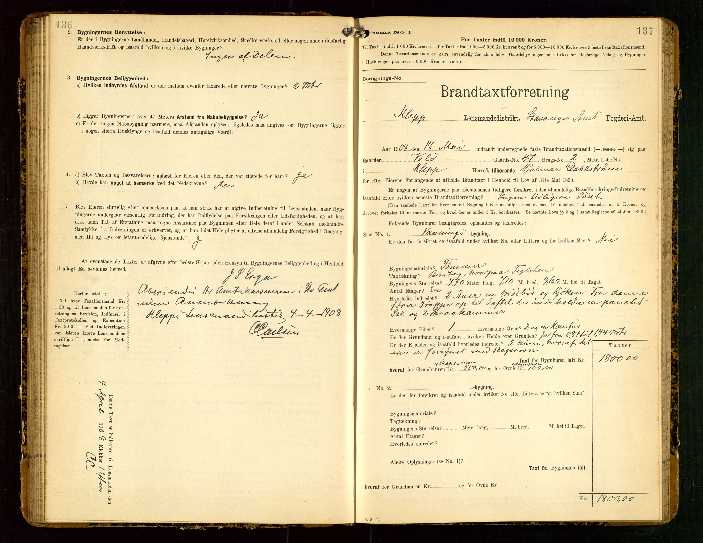Klepp lensmannskontor, SAST/A-100163/Goc/L0004: "Brandtaxationsprotokol" m/register, 1906-1908, p. 136-137