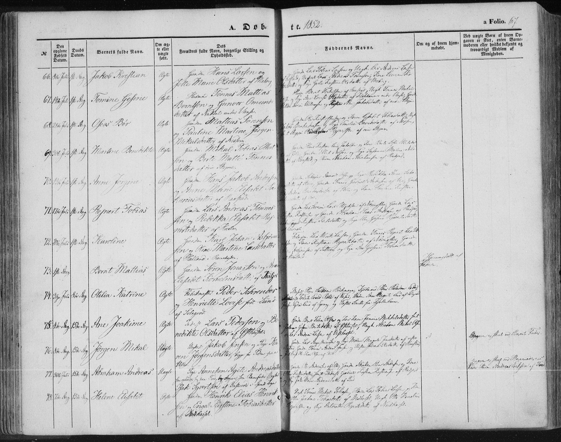 Lista sokneprestkontor, AV/SAK-1111-0027/F/Fa/L0010: Parish register (official) no. A 10, 1846-1861, p. 67