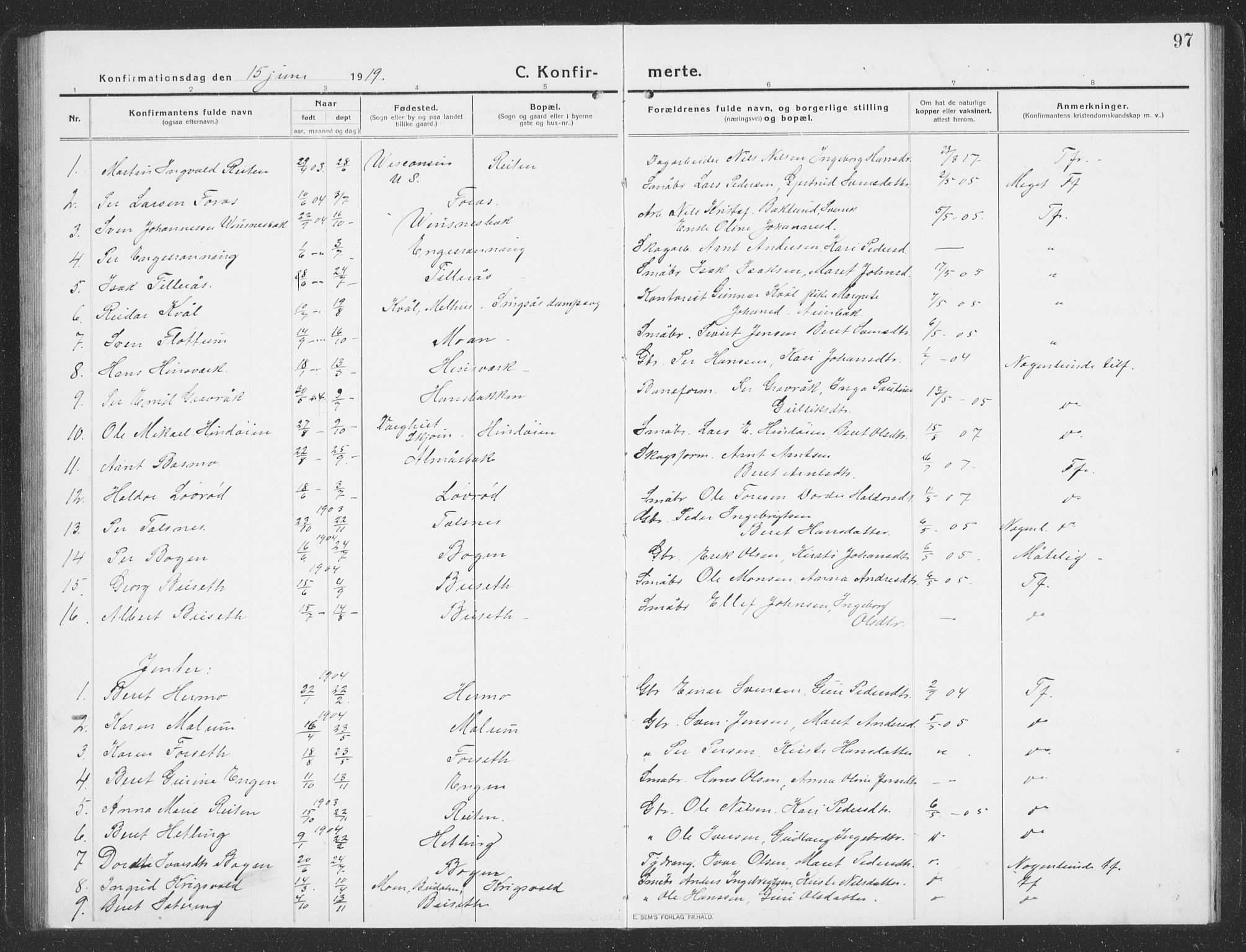Ministerialprotokoller, klokkerbøker og fødselsregistre - Sør-Trøndelag, SAT/A-1456/688/L1030: Parish register (copy) no. 688C05, 1916-1939, p. 97