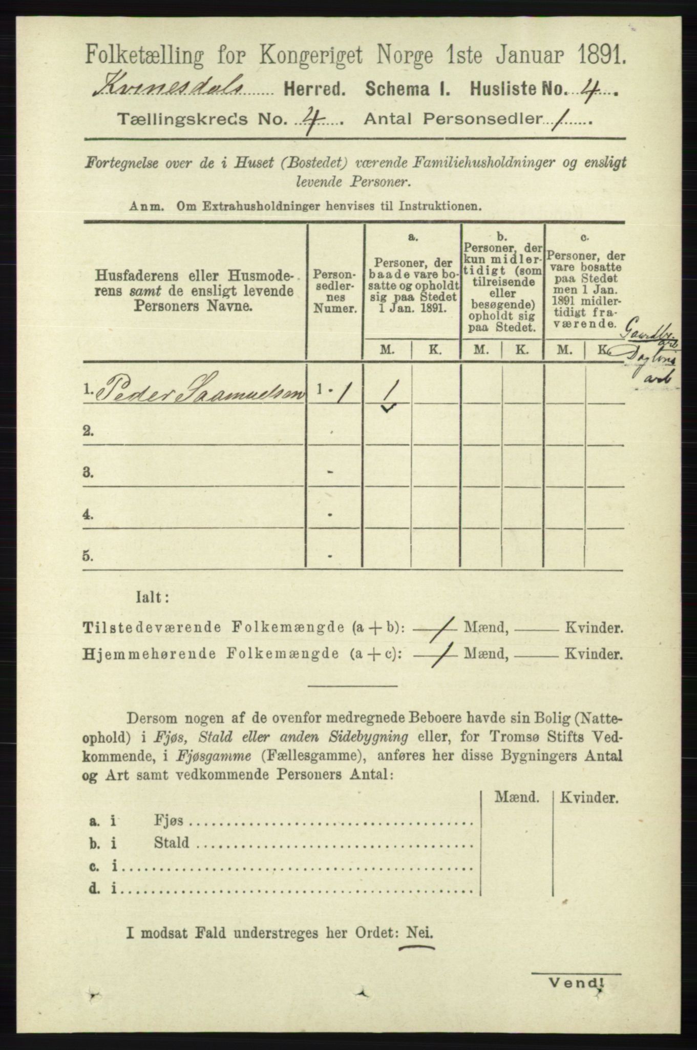 RA, 1891 census for 1037 Kvinesdal, 1891, p. 1397