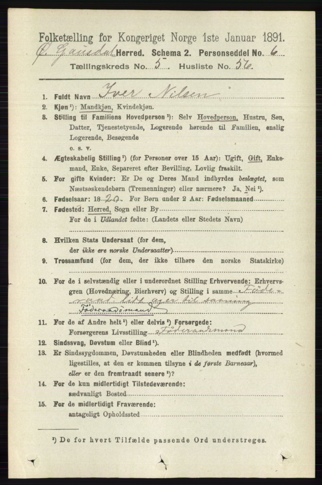 RA, 1891 census for 0522 Østre Gausdal, 1891, p. 3309