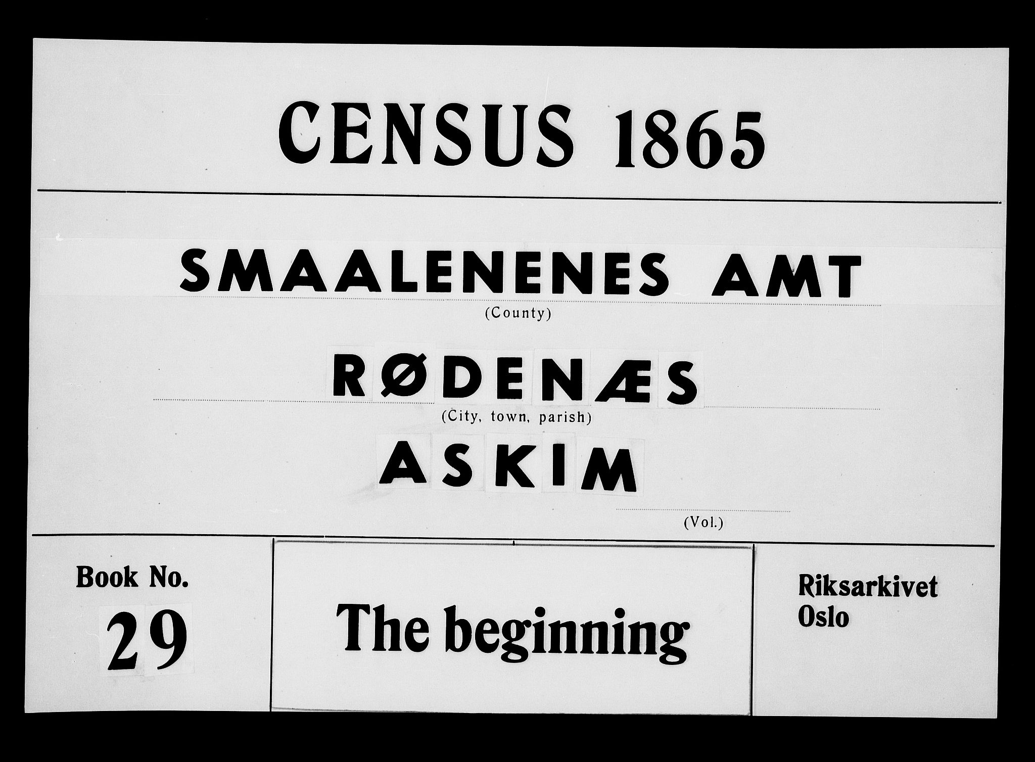 RA, 1865 census for Rødenes, 1865, p. 1