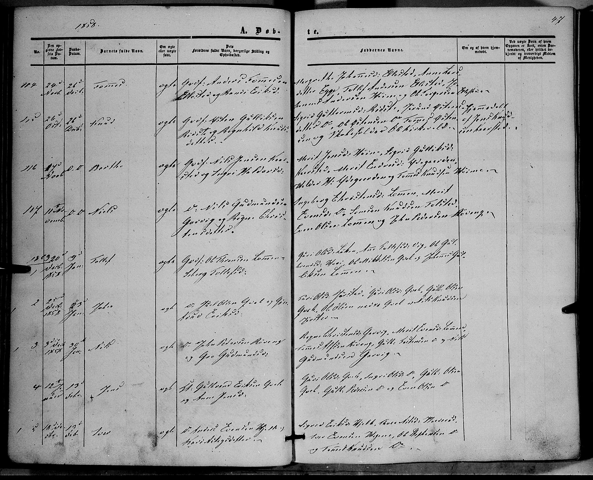 Vestre Slidre prestekontor, SAH/PREST-136/H/Ha/Haa/L0002: Parish register (official) no. 2, 1856-1864, p. 47