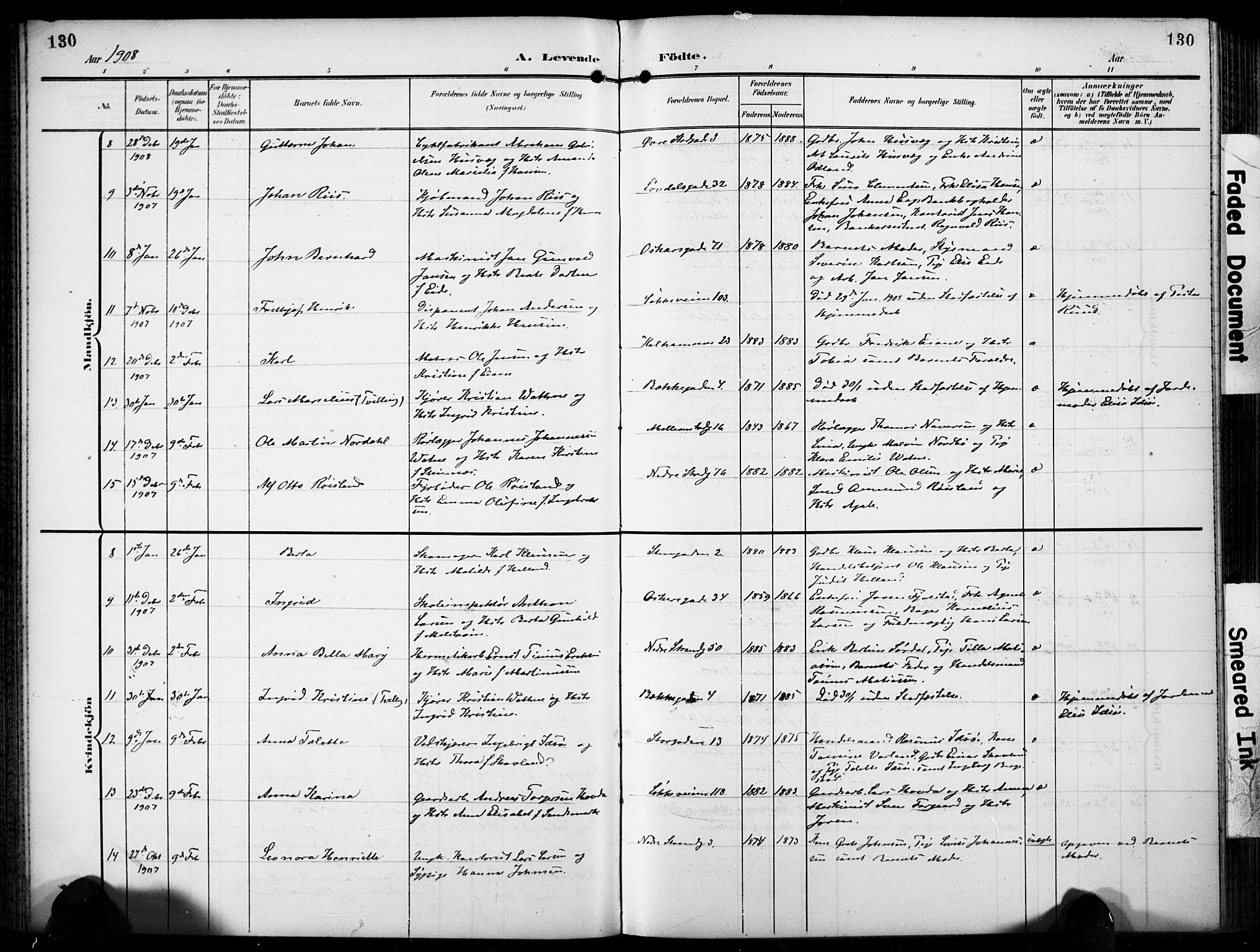 Domkirken sokneprestkontor, SAST/A-101812/001/30/30BB/L0018: Parish register (copy) no. B 18, 1903-1915, p. 130