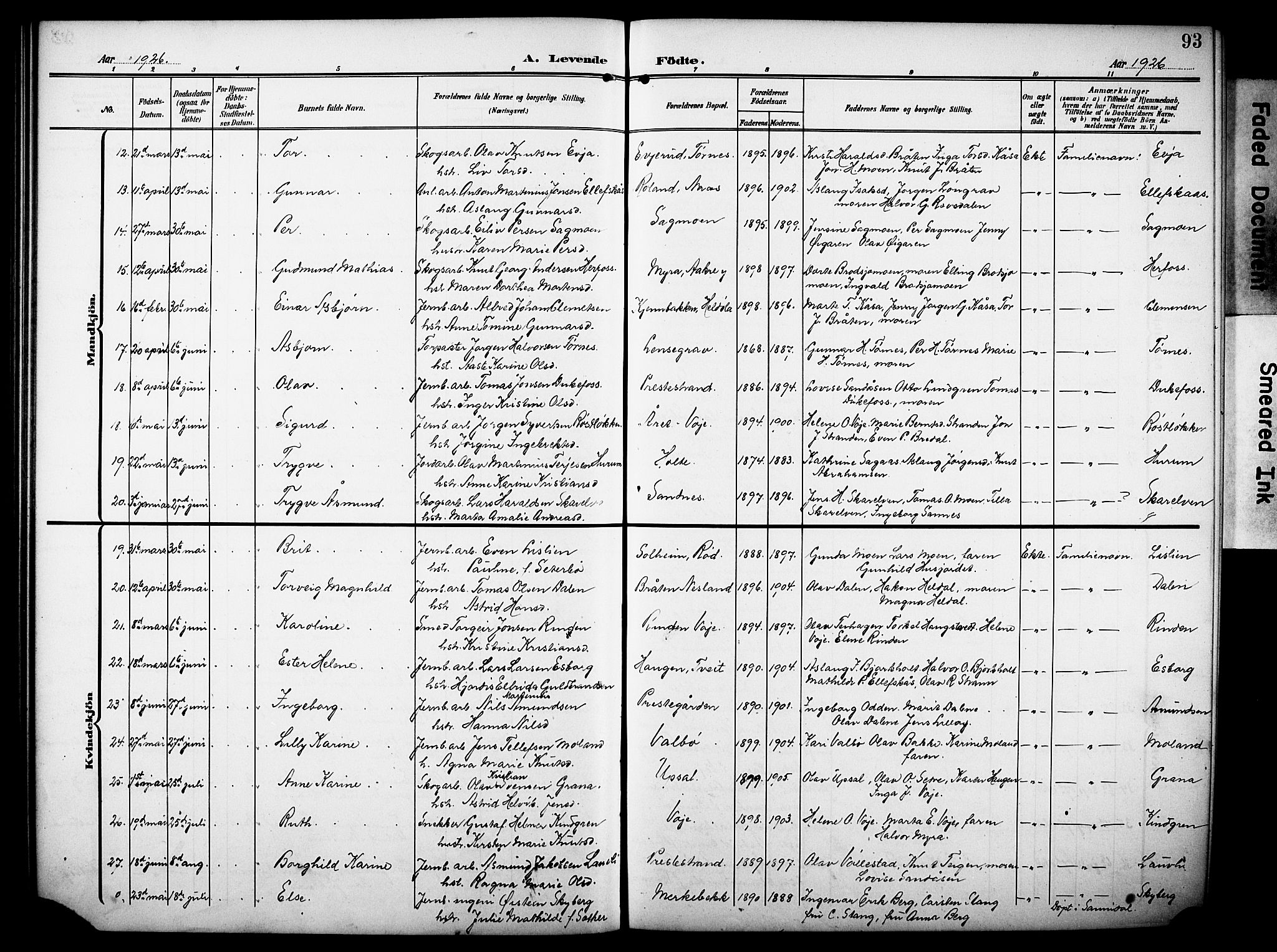 Drangedal kirkebøker, SAKO/A-258/G/Ga/L0004: Parish register (copy) no. I 4, 1901-1933, p. 93
