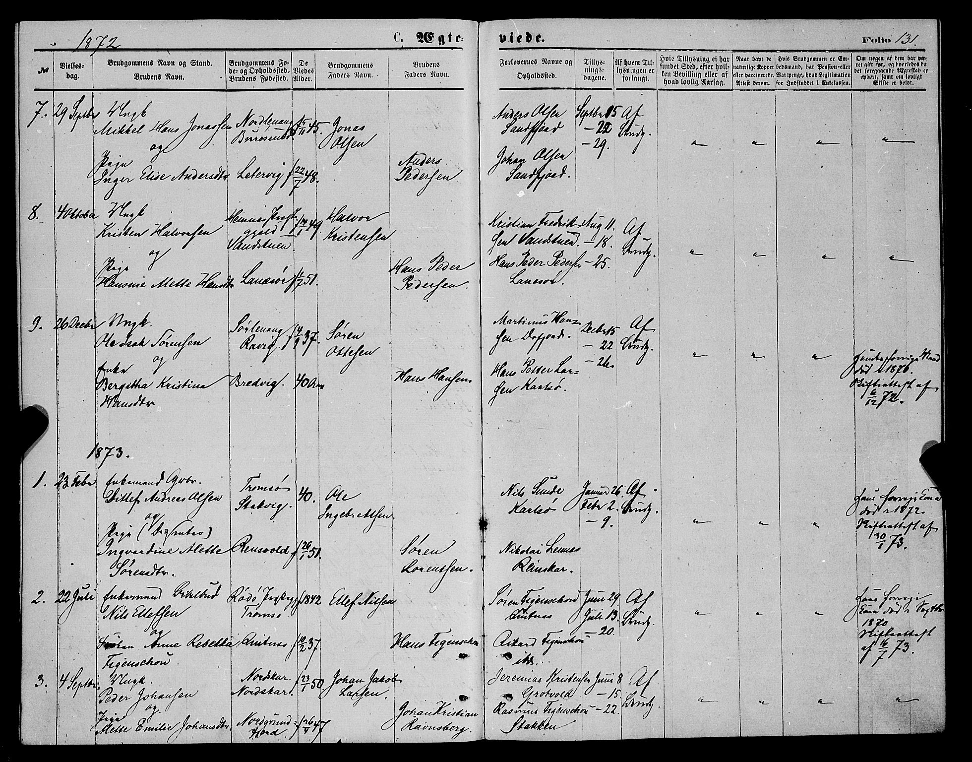 Karlsøy sokneprestembete, AV/SATØ-S-1299/H/Ha/Haa/L0005kirke: Parish register (official) no. 5, 1872-1878, p. 131