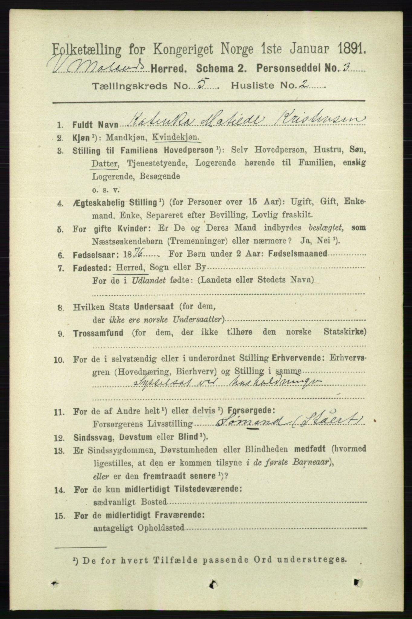 RA, 1891 census for 0926 Vestre Moland, 1891, p. 1849