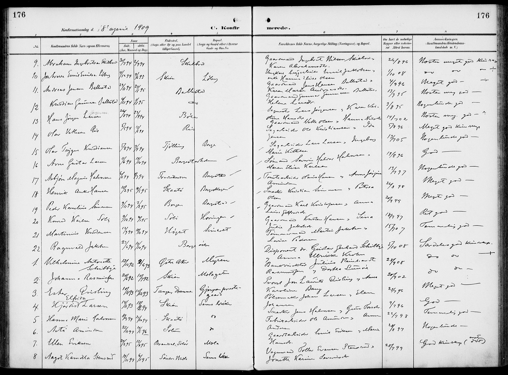 Gjerpen kirkebøker, SAKO/A-265/F/Fa/L0012: Parish register (official) no. I 12, 1905-1913, p. 176
