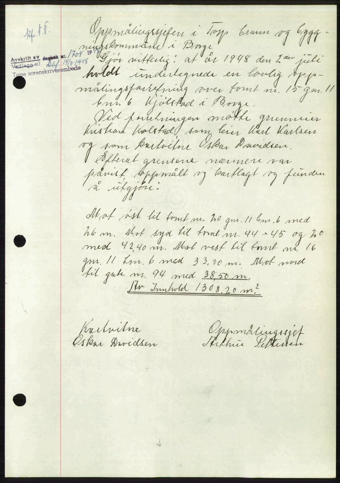 Tune sorenskriveri, AV/SAO-A-10470/G/Gb/Gbg/Gbga/L0004: Mortgage book no. A16-20, 1948-1950, Diary no: : 1704/1948