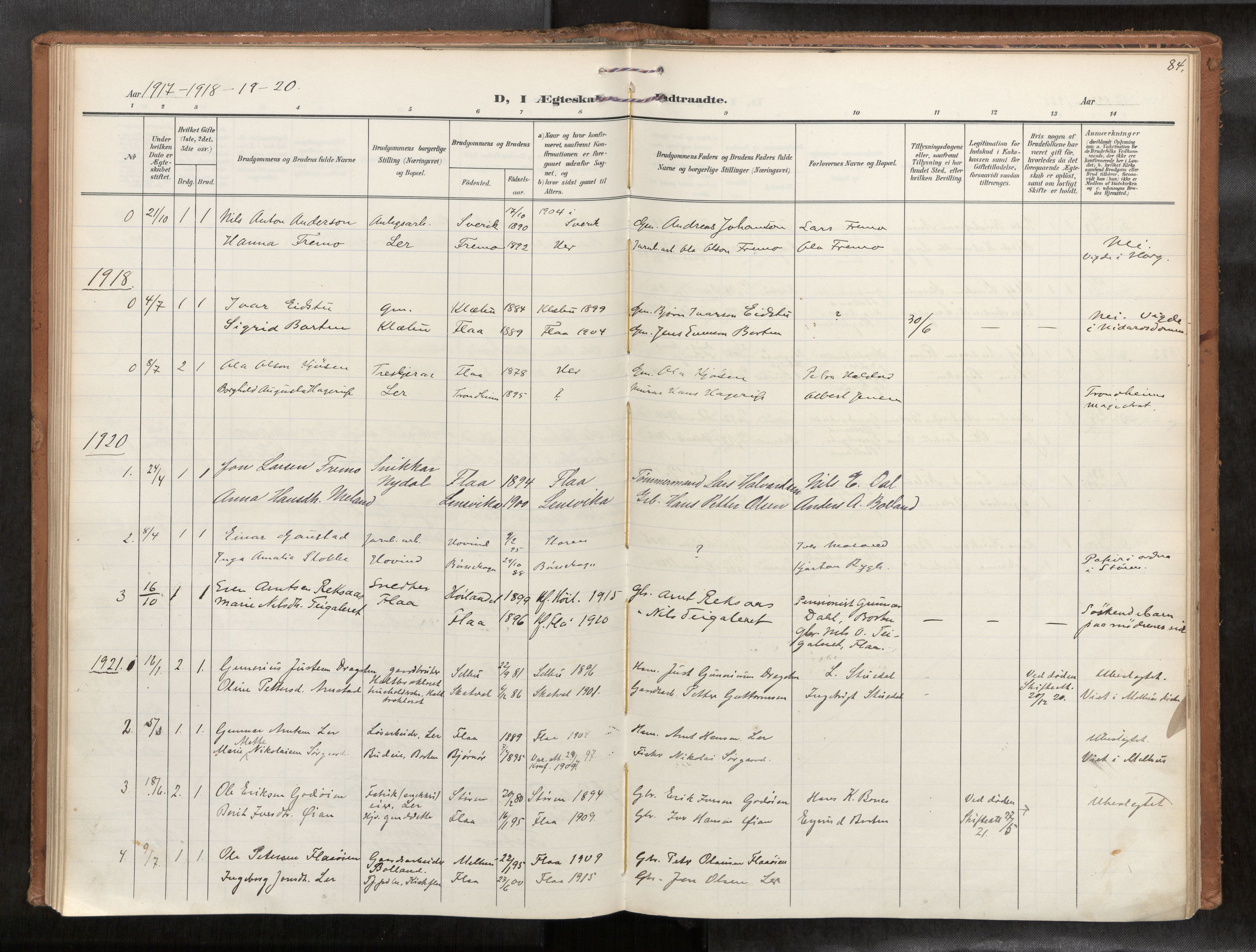 Ministerialprotokoller, klokkerbøker og fødselsregistre - Sør-Trøndelag, AV/SAT-A-1456/693/L1119b: Parish register (official) no. 693A02, 1906-1936, p. 84