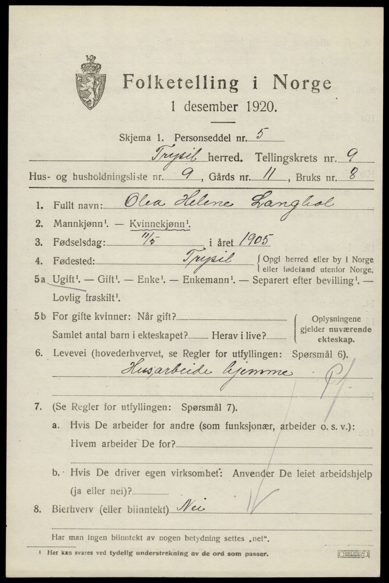 SAH, 1920 census for Trysil, 1920, p. 6651