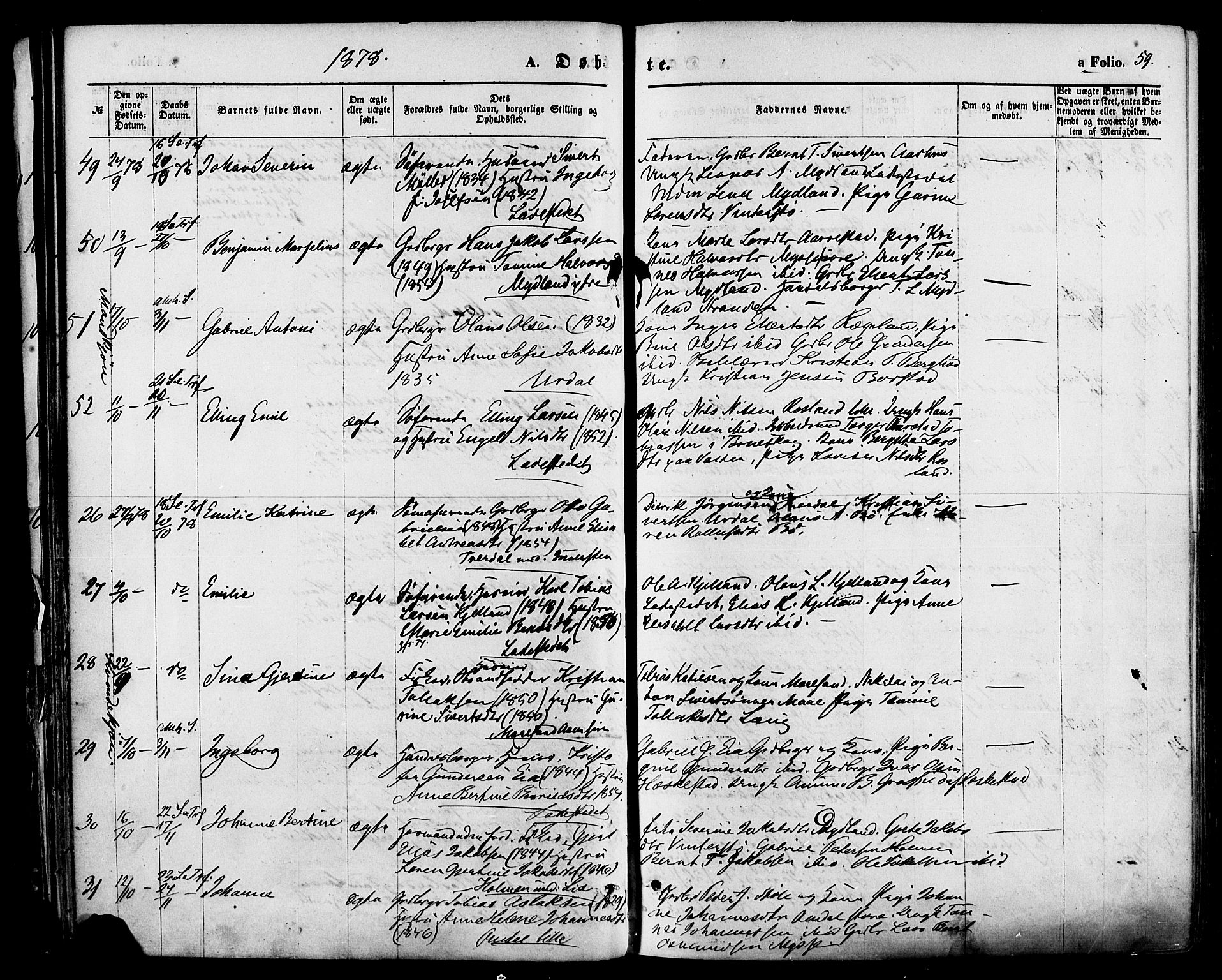 Sokndal sokneprestkontor, AV/SAST-A-101808: Parish register (official) no. A 10, 1874-1886, p. 59