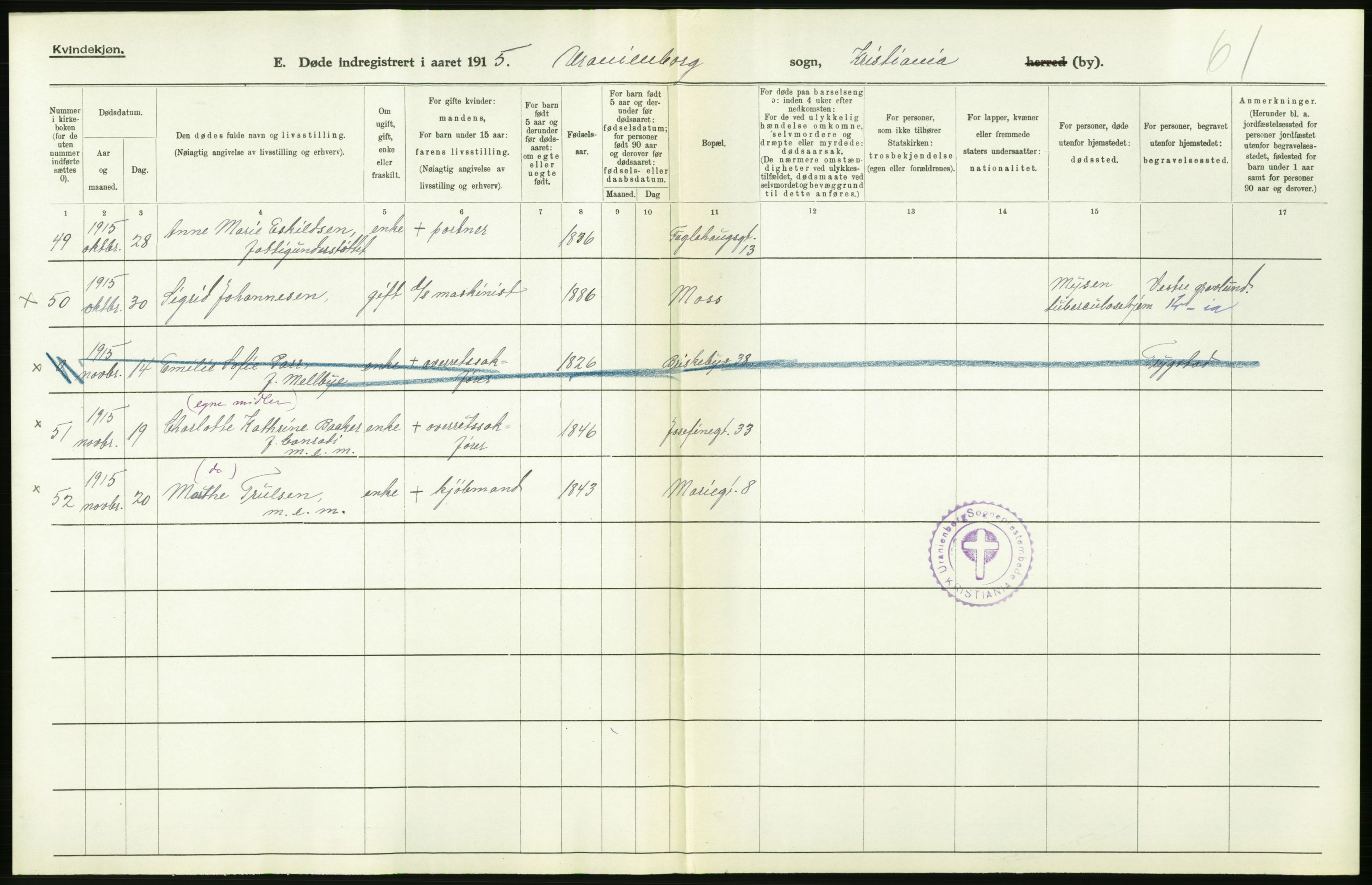 Statistisk sentralbyrå, Sosiodemografiske emner, Befolkning, AV/RA-S-2228/D/Df/Dfb/Dfbe/L0009: Kristiania: Døde., 1915, p. 494