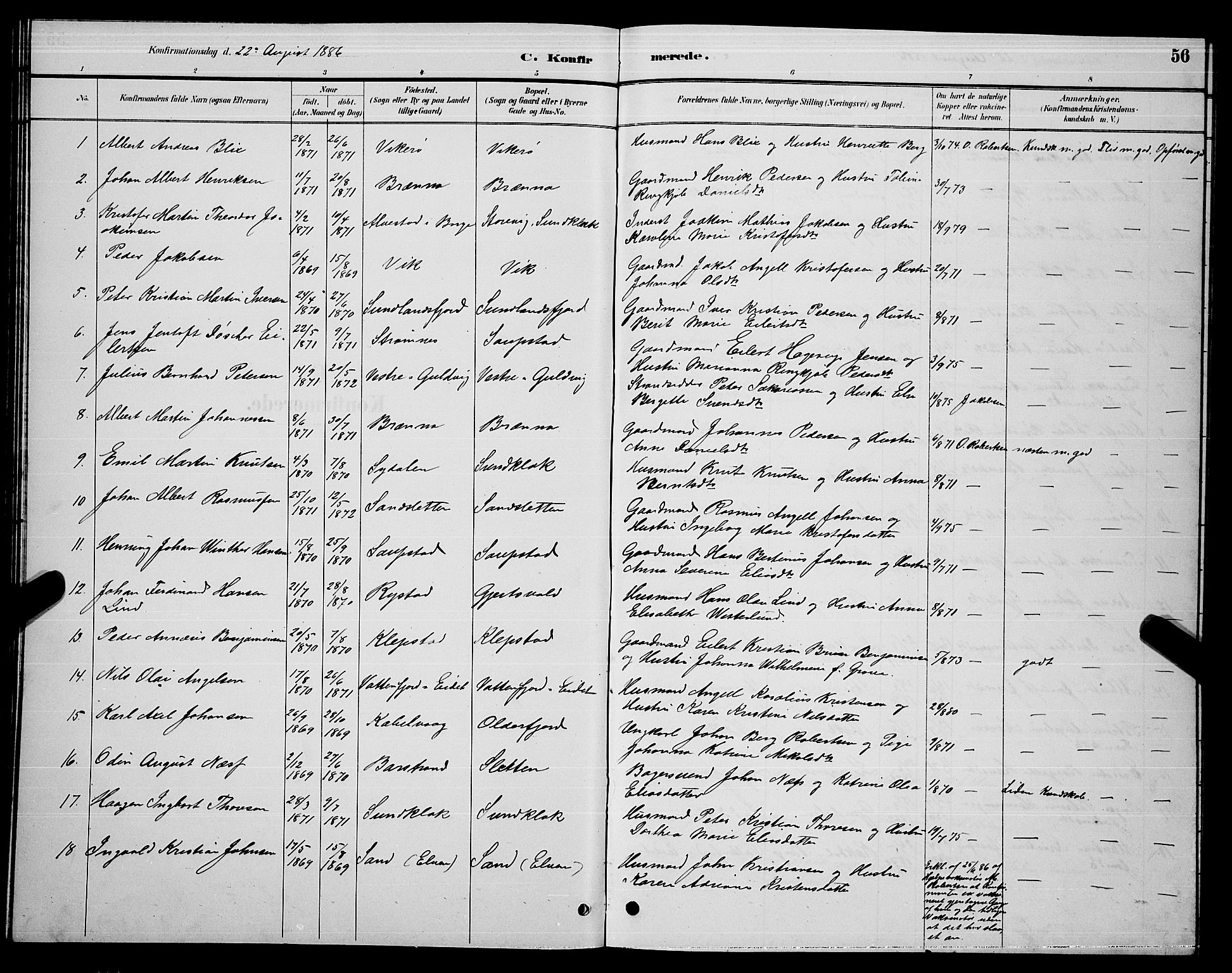 Ministerialprotokoller, klokkerbøker og fødselsregistre - Nordland, SAT/A-1459/876/L1104: Parish register (copy) no. 876C03, 1886-1896, p. 56