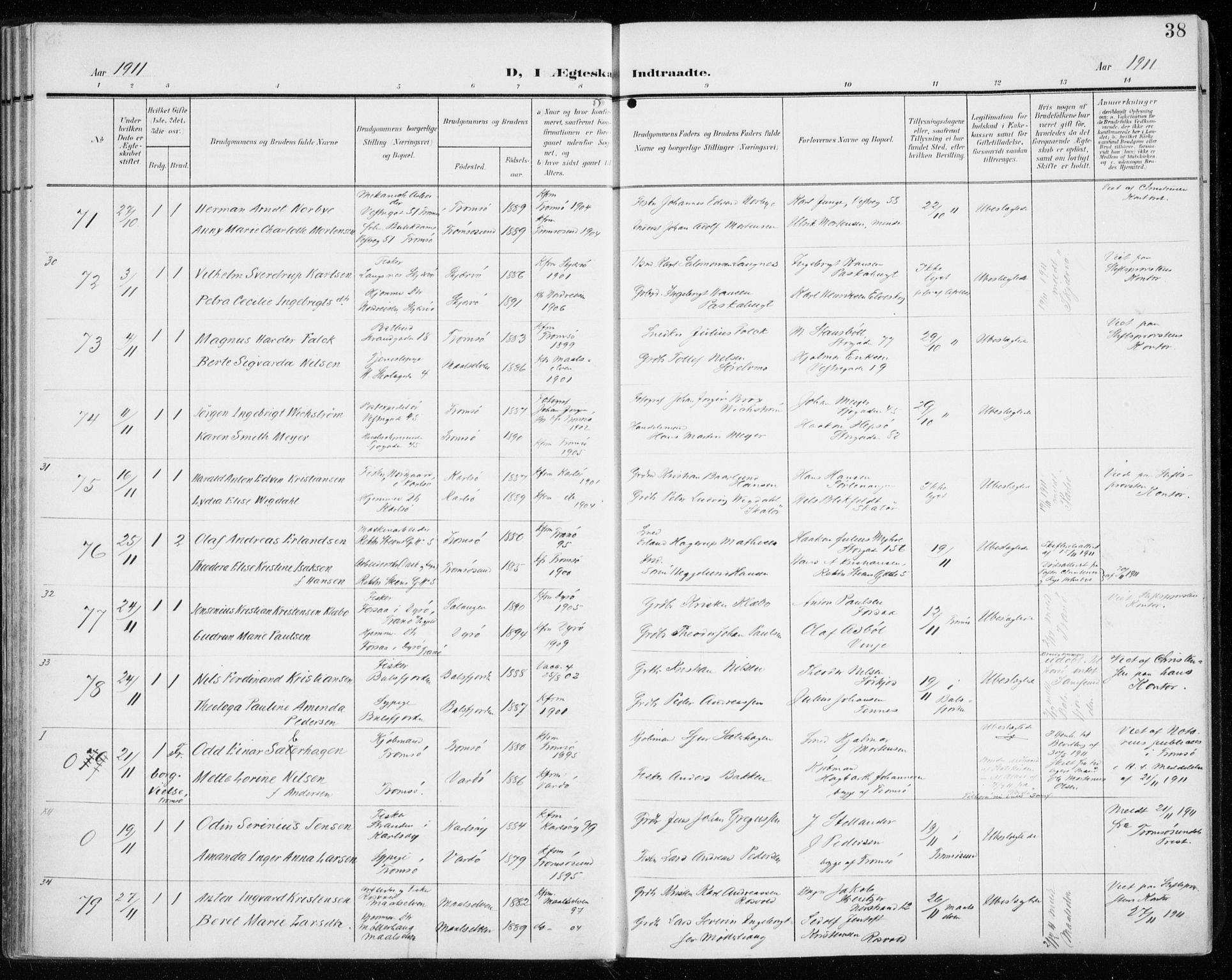 Tromsø sokneprestkontor/stiftsprosti/domprosti, AV/SATØ-S-1343/G/Ga/L0018kirke: Parish register (official) no. 18, 1907-1917, p. 38