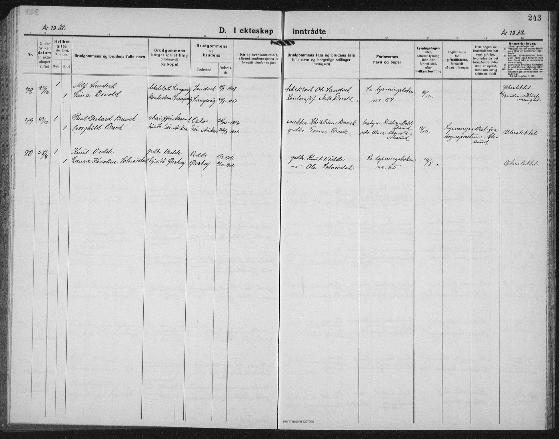 Ministerialprotokoller, klokkerbøker og fødselsregistre - Møre og Romsdal, AV/SAT-A-1454/528/L0436: Parish register (copy) no. 528C17, 1927-1939, p. 243