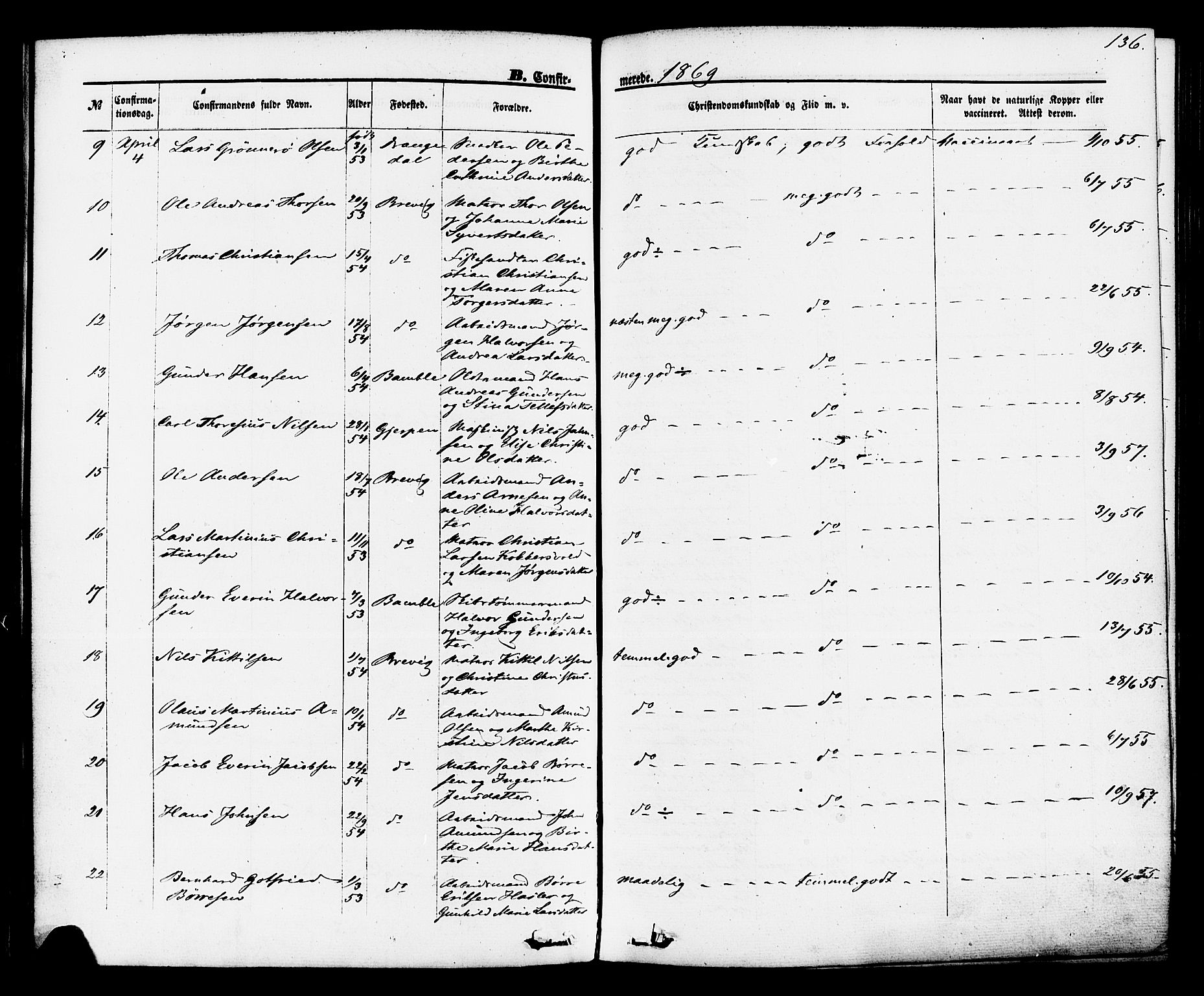 Brevik kirkebøker, SAKO/A-255/F/Fa/L0006: Parish register (official) no. 6, 1866-1881, p. 136
