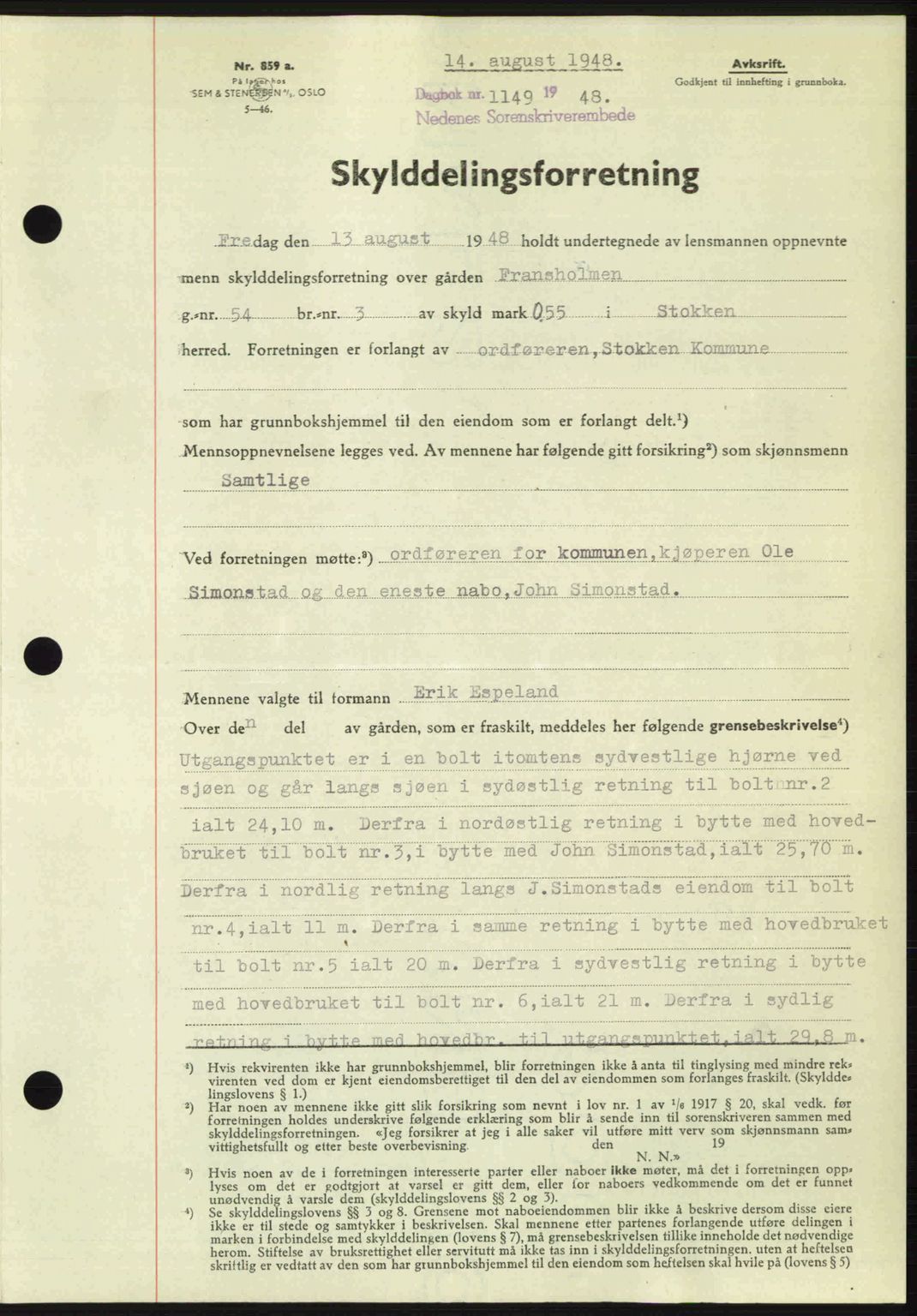 Nedenes sorenskriveri, SAK/1221-0006/G/Gb/Gba/L0059: Mortgage book no. A11, 1948-1948, Diary no: : 1149/1948