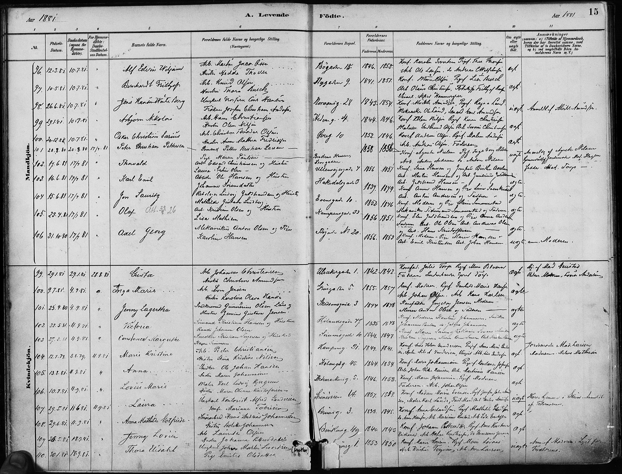 Kampen prestekontor Kirkebøker, AV/SAO-A-10853/F/Fa/L0001: Parish register (official) no. I 1, 1880-1886, p. 15