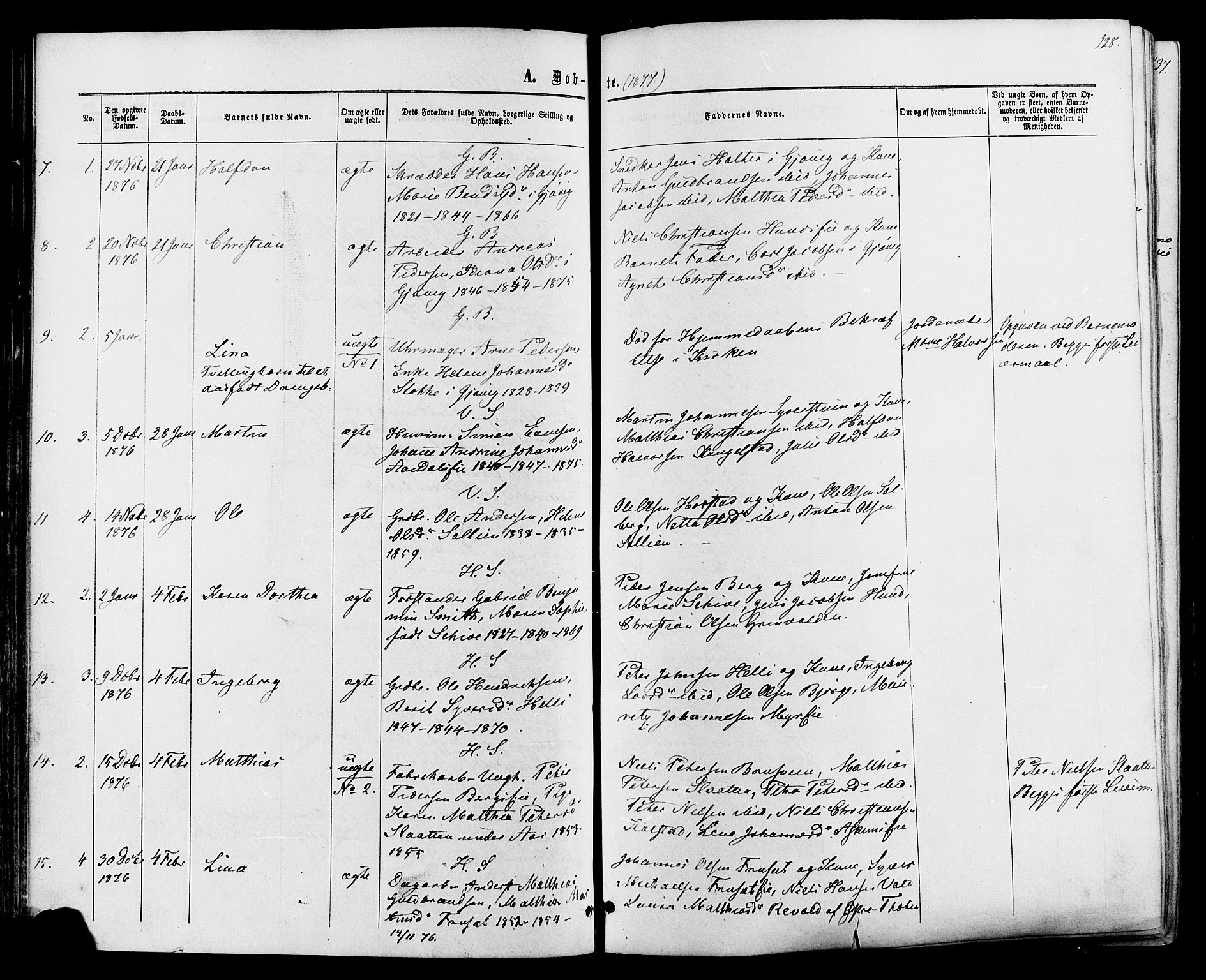 Vardal prestekontor, SAH/PREST-100/H/Ha/Haa/L0007: Parish register (official) no. 7, 1867-1878, p. 128