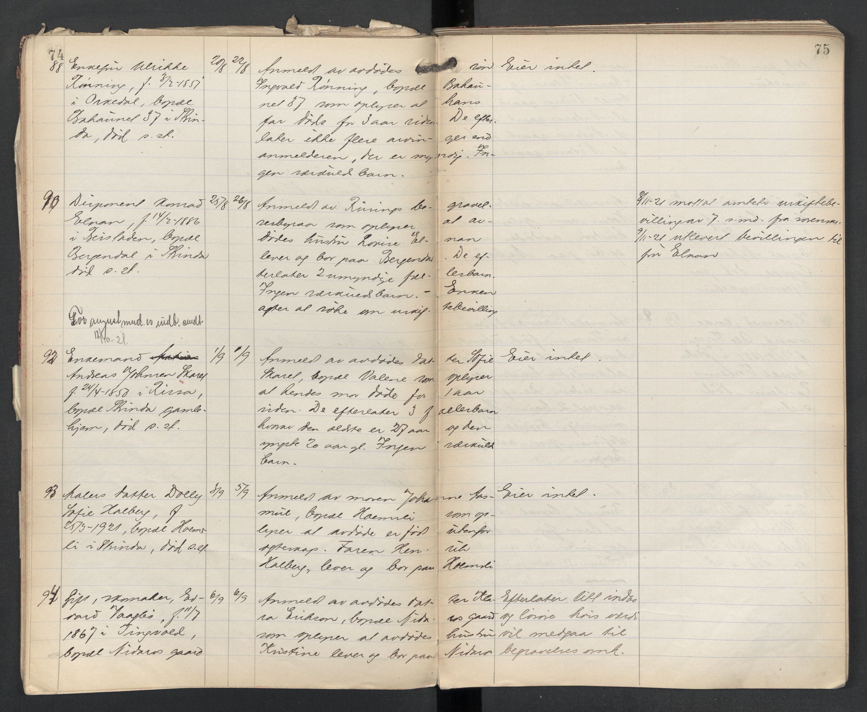 Strinda lensmannskontor, AV/SAT-A-1083/1/02/L0004: 2.01.04 Dødsfallsprotokoll, 1920-1925, p. 74-75