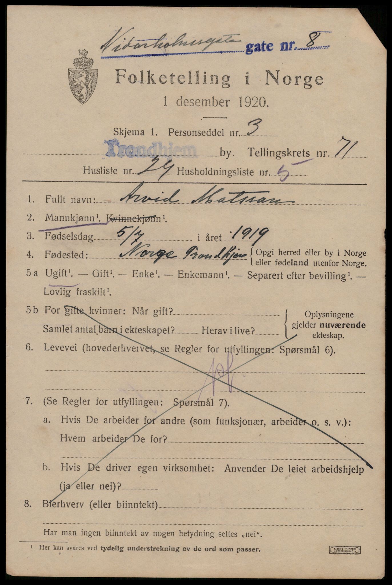 SAT, 1920 census for Trondheim, 1920, p. 141036