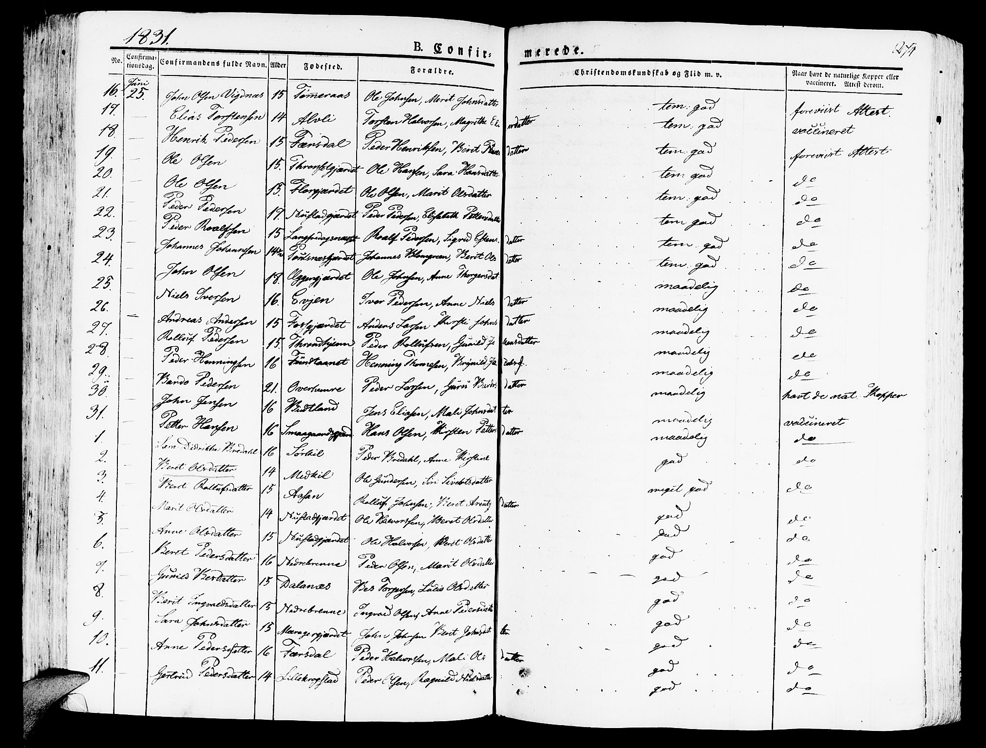 Ministerialprotokoller, klokkerbøker og fødselsregistre - Nord-Trøndelag, AV/SAT-A-1458/709/L0070: Parish register (official) no. 709A10, 1820-1832, p. 274