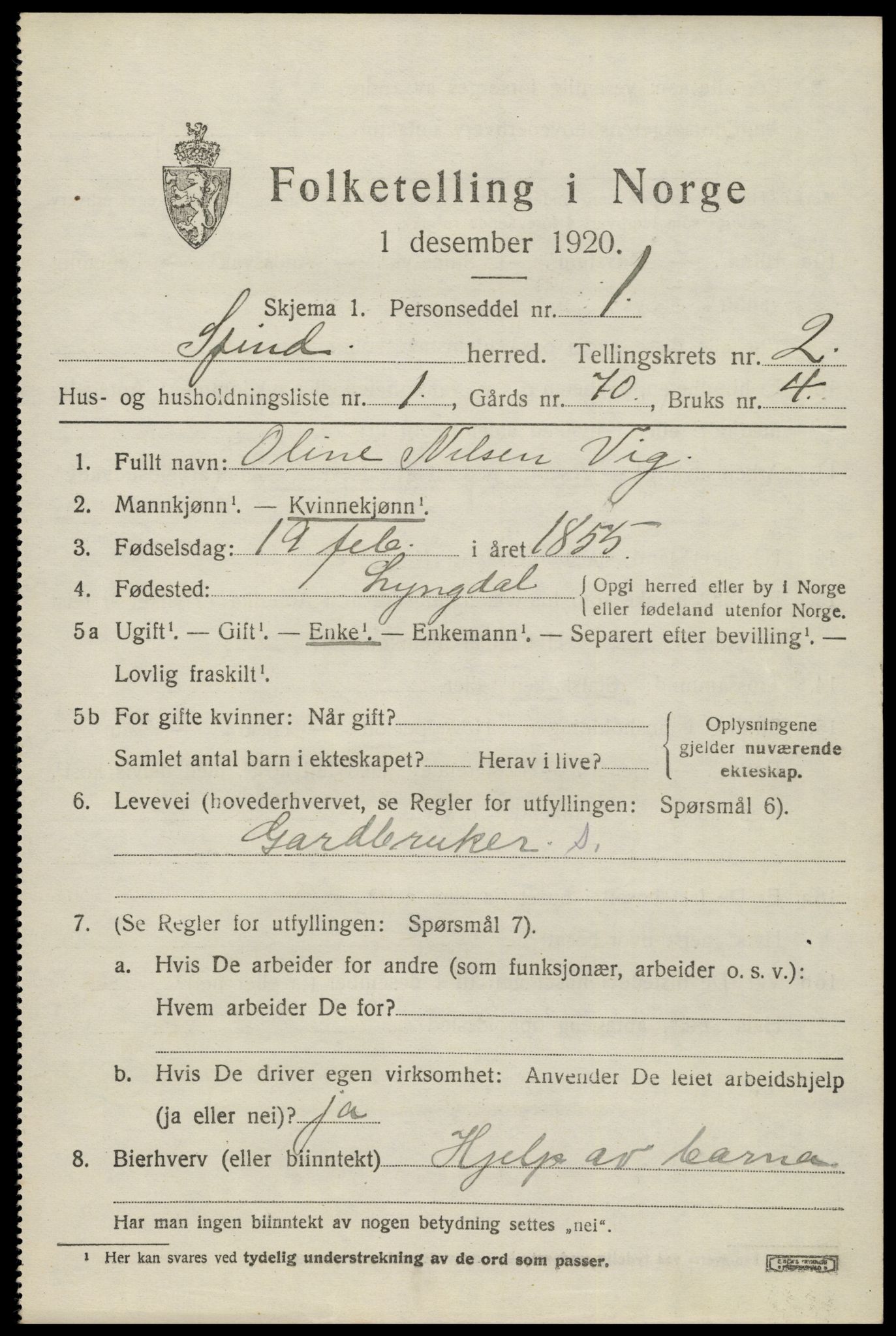 SAK, 1920 census for Spind, 1920, p. 1133