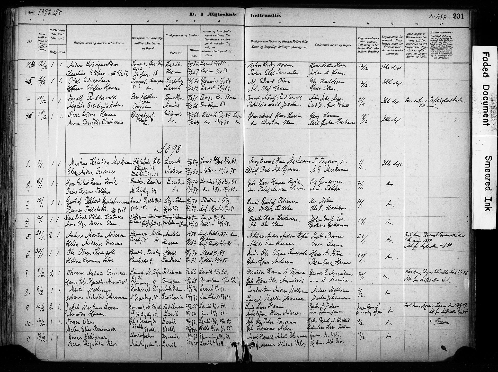 Larvik kirkebøker, SAKO/A-352/F/Fa/L0008: Parish register (official) no. I 8, 1884-1902, p. 231