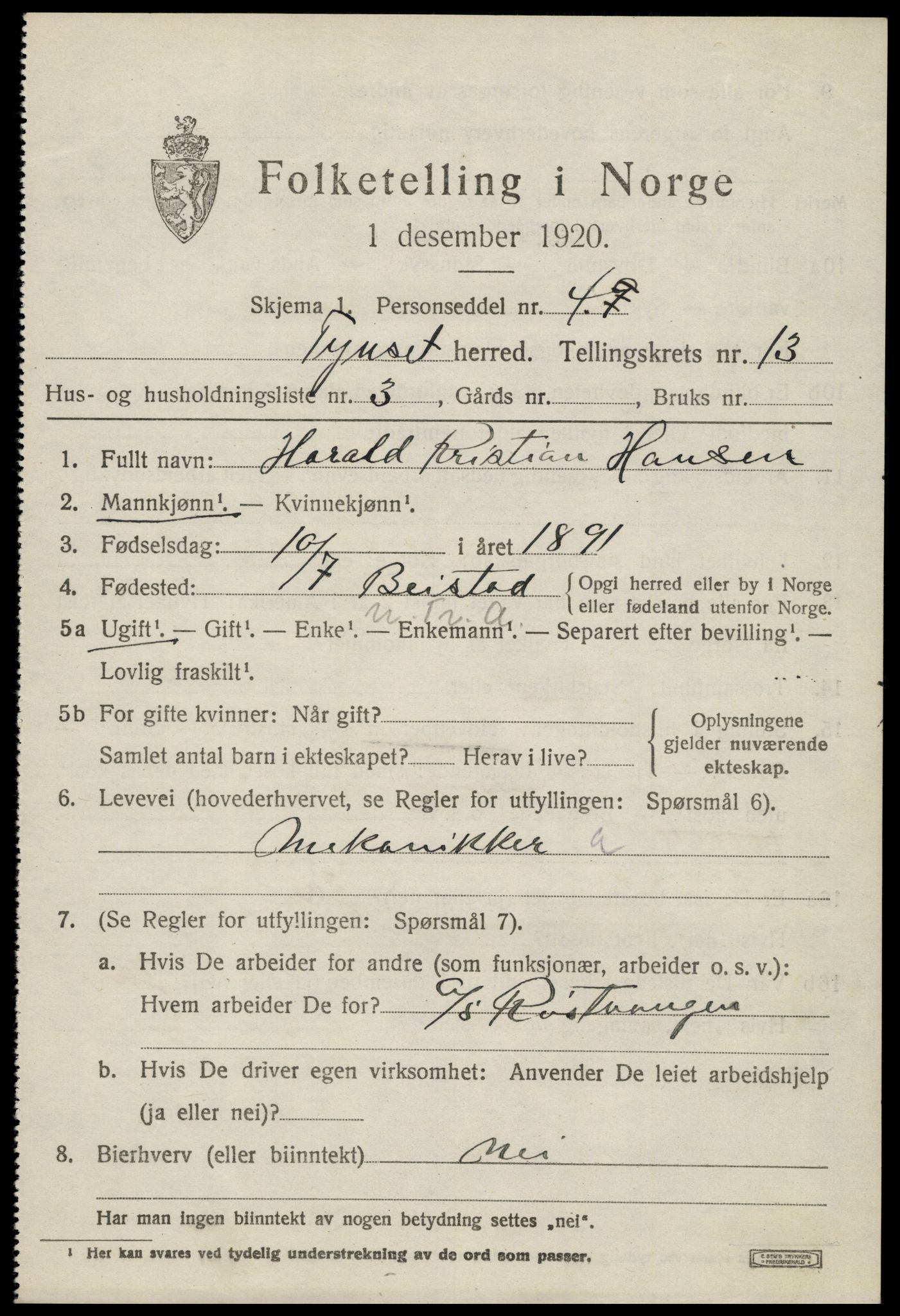 SAH, 1920 census for Tynset, 1920, p. 8594