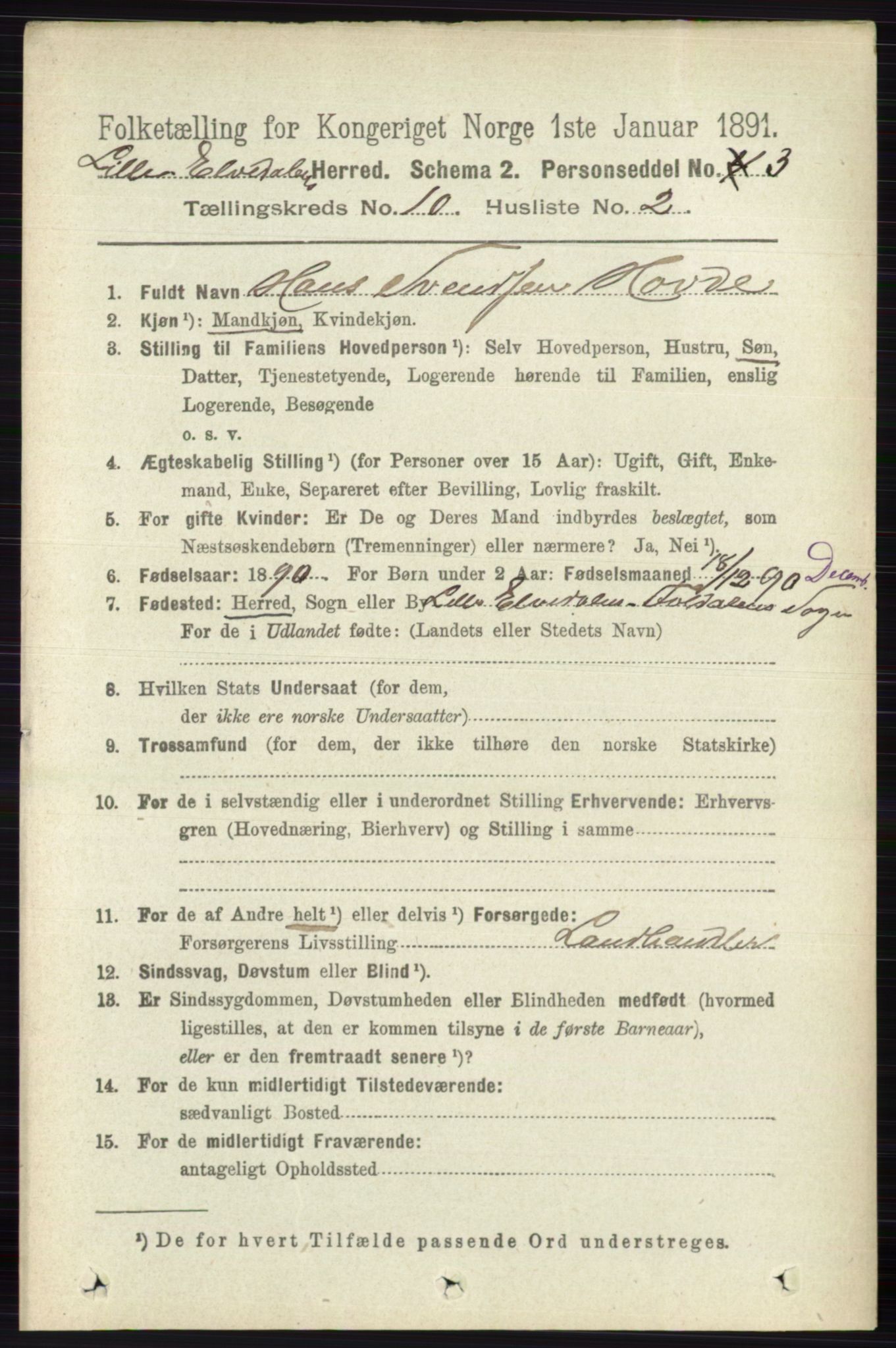 RA, 1891 census for 0438 Lille Elvedalen, 1891, p. 3430